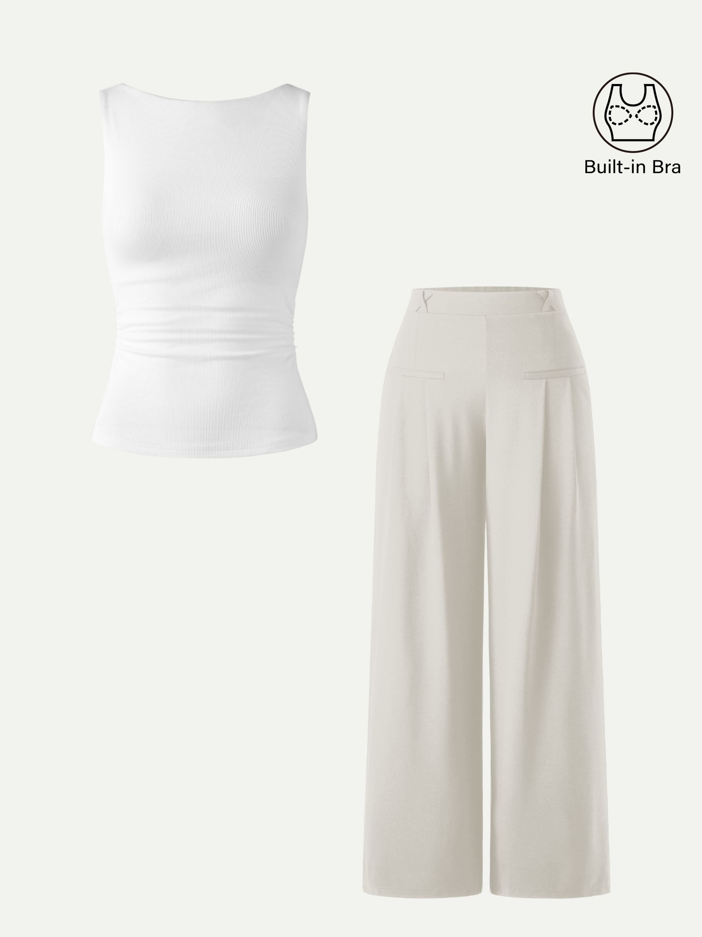 2Pcs Set Open Back Brami & Mid Rise Wide Leg Trouser with Pockets