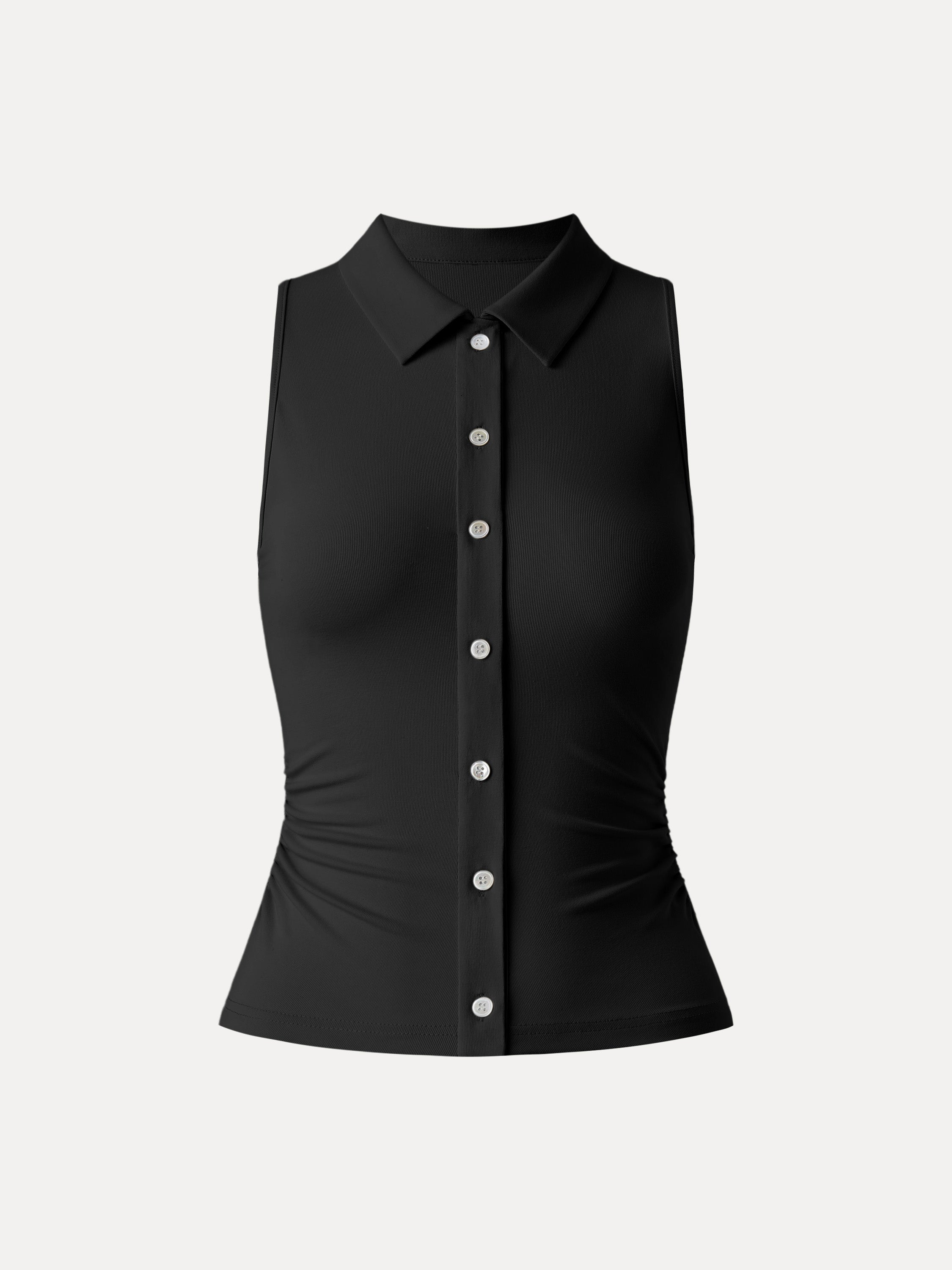 Collared Faux Button Placket Side Ruched Vest Top