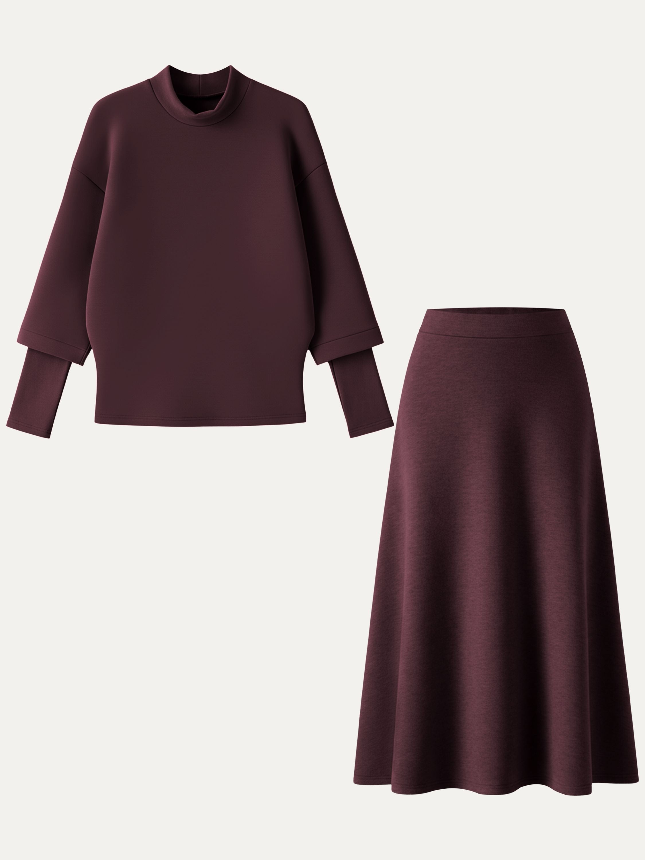 2Pcs Set FuzzLuxe Mockneck Sleeve-Warmer Top & Midi A-line Circle Skirt