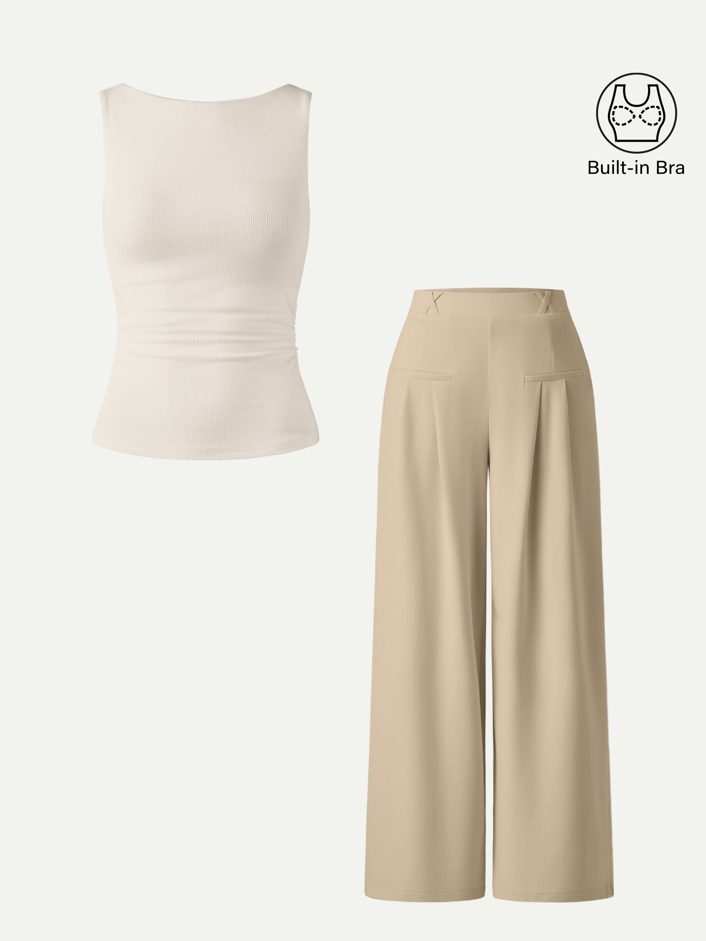 2Pcs Set Open Back Brami & Mid Rise Wide Leg Trouser with Pockets