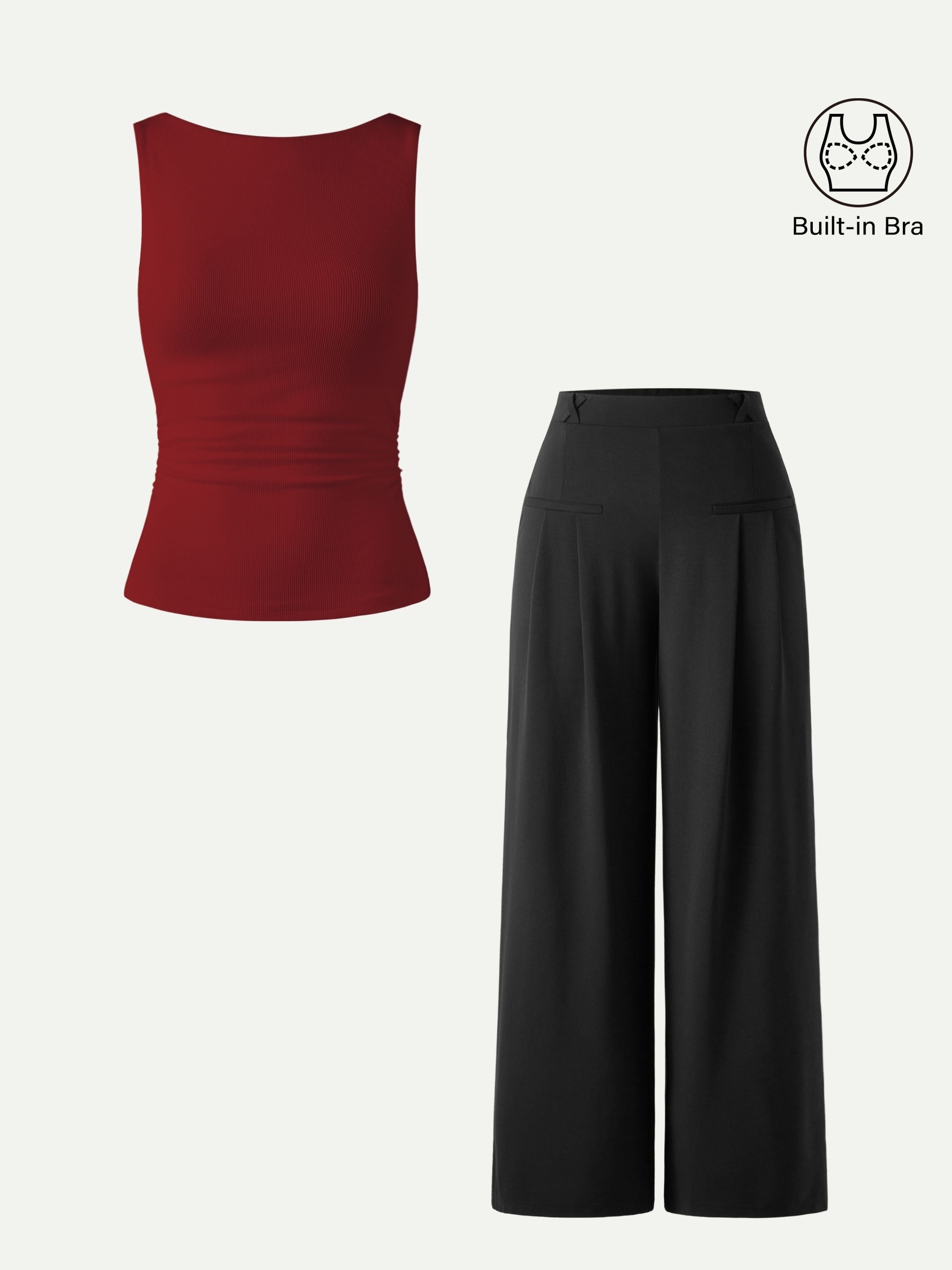 2Pcs Set Open Back Brami & Mid Rise Wide Leg Trouser with Pockets