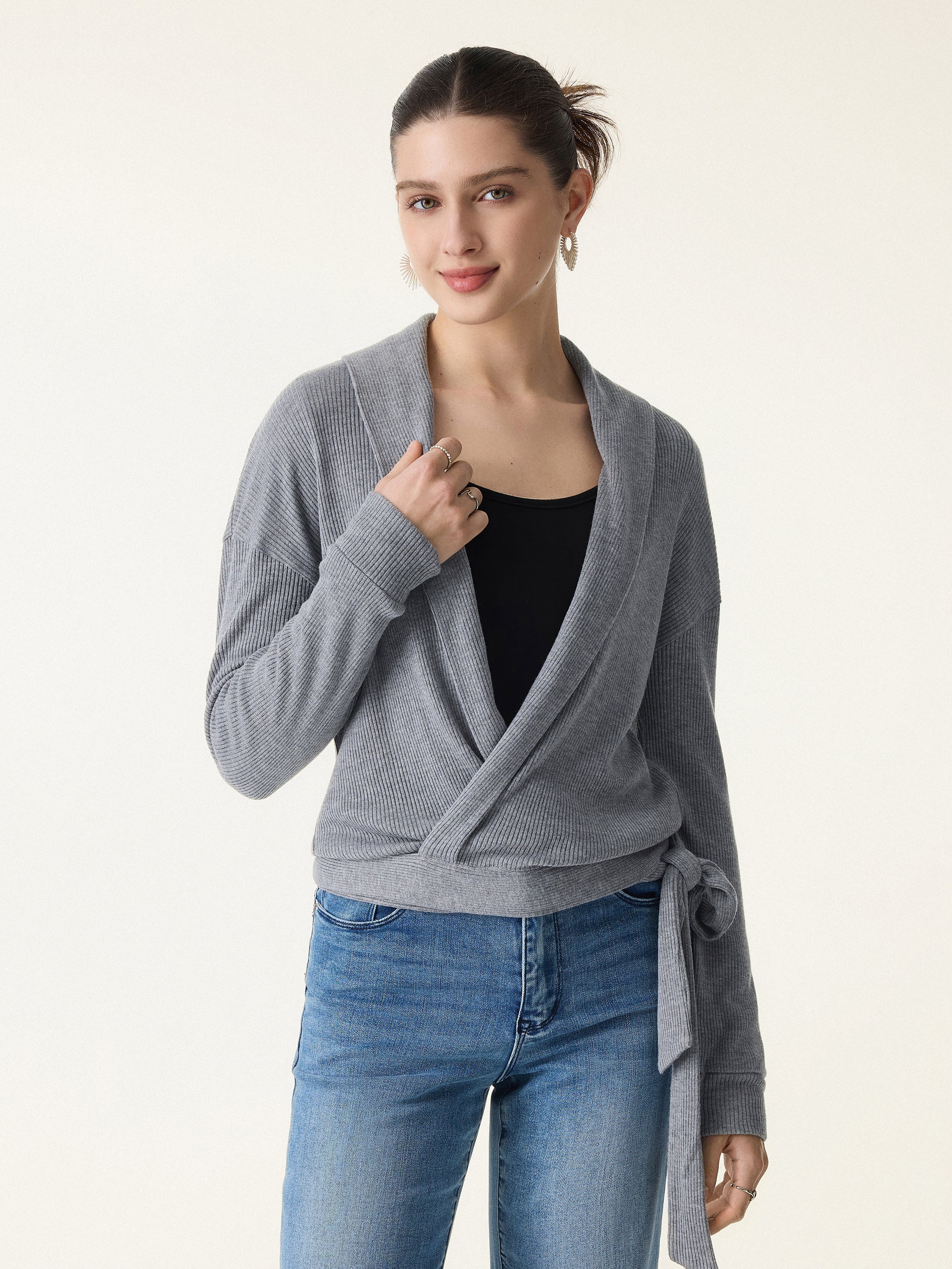 Ribbed Shawl Collar Self-Tie Cardigan
