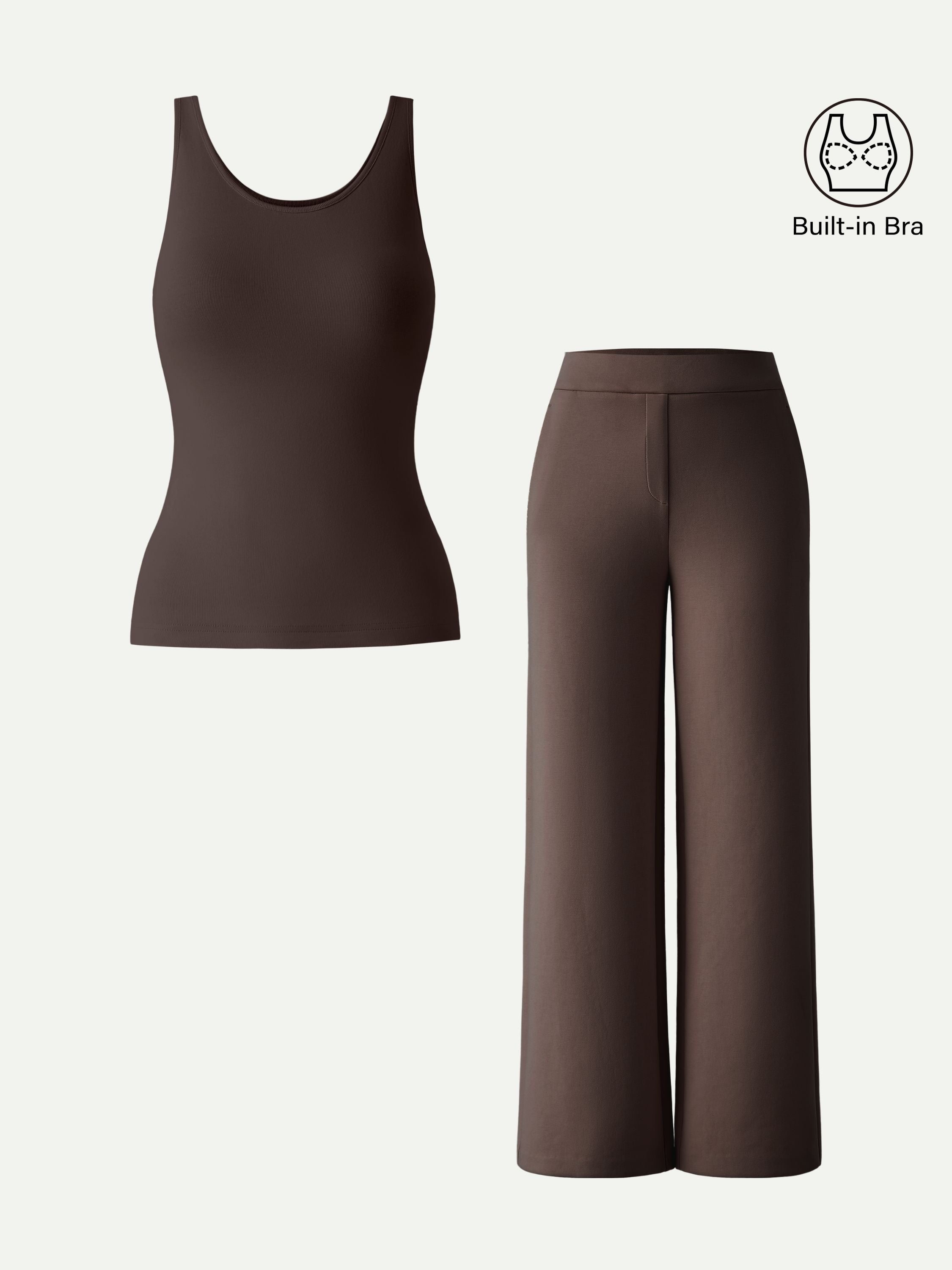 2Pcs Set U-Neck Brami Tank & Mid Rise Pull-on Straight Pant