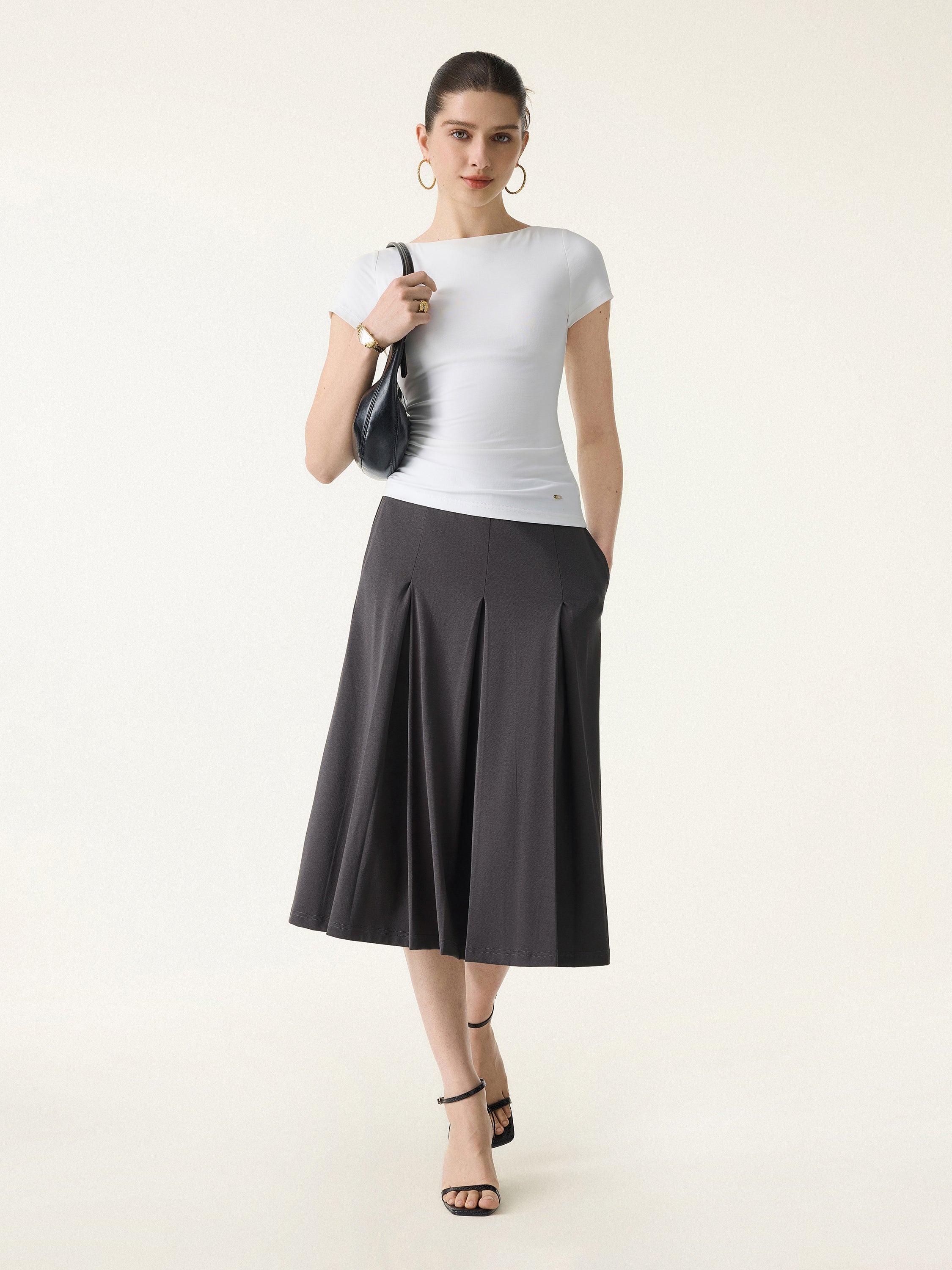 Stretchy Mid Rise A-line Pleated Skirt with Pockets