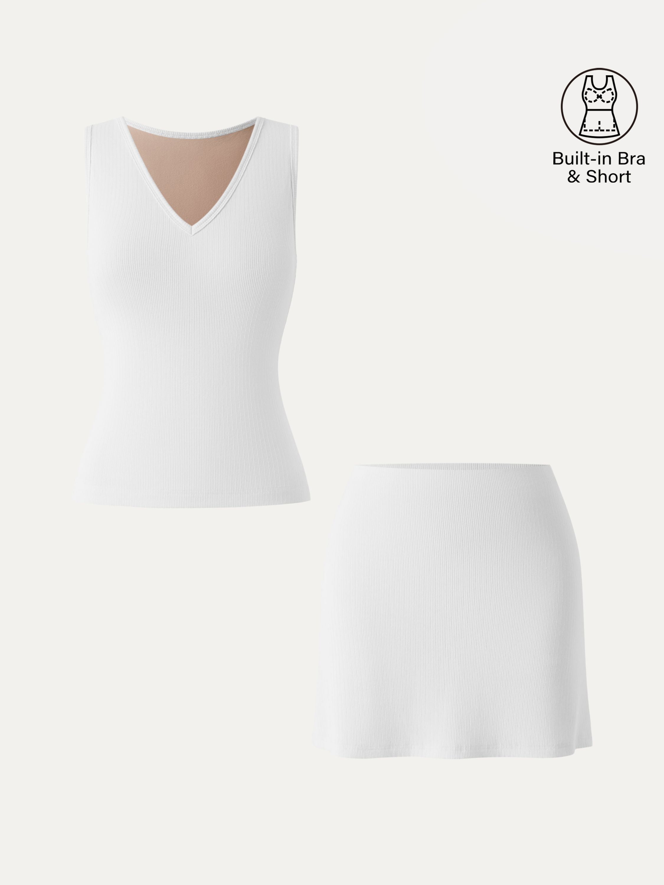 2Pcs Set V-neck Sleeveless Brami Tank & A-line Mini Skirt with Built-in Shorts
