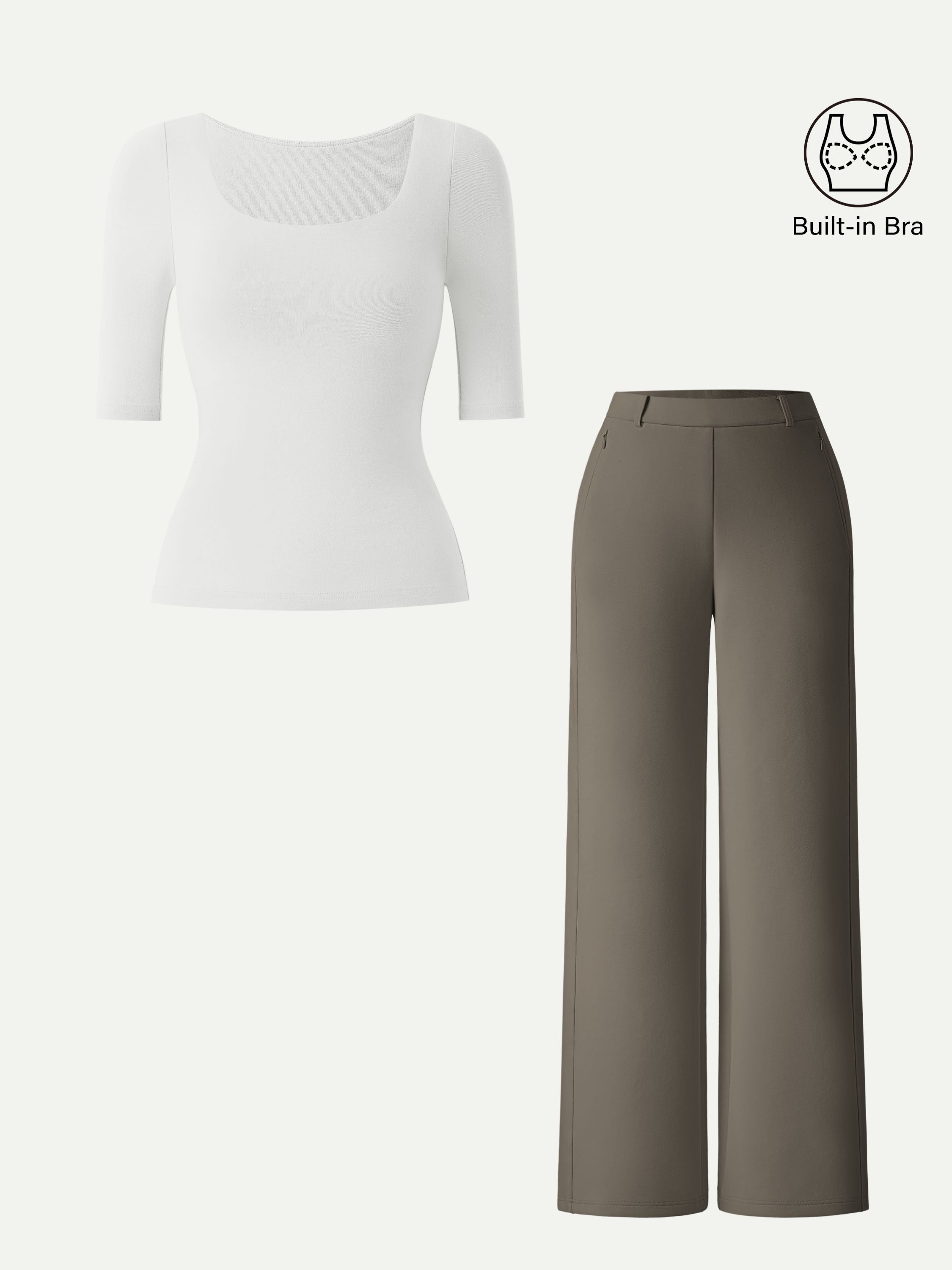 2Pcs Set Square Neck Elbow Length Sleeve Brami & High Rise Wide Leg Pants