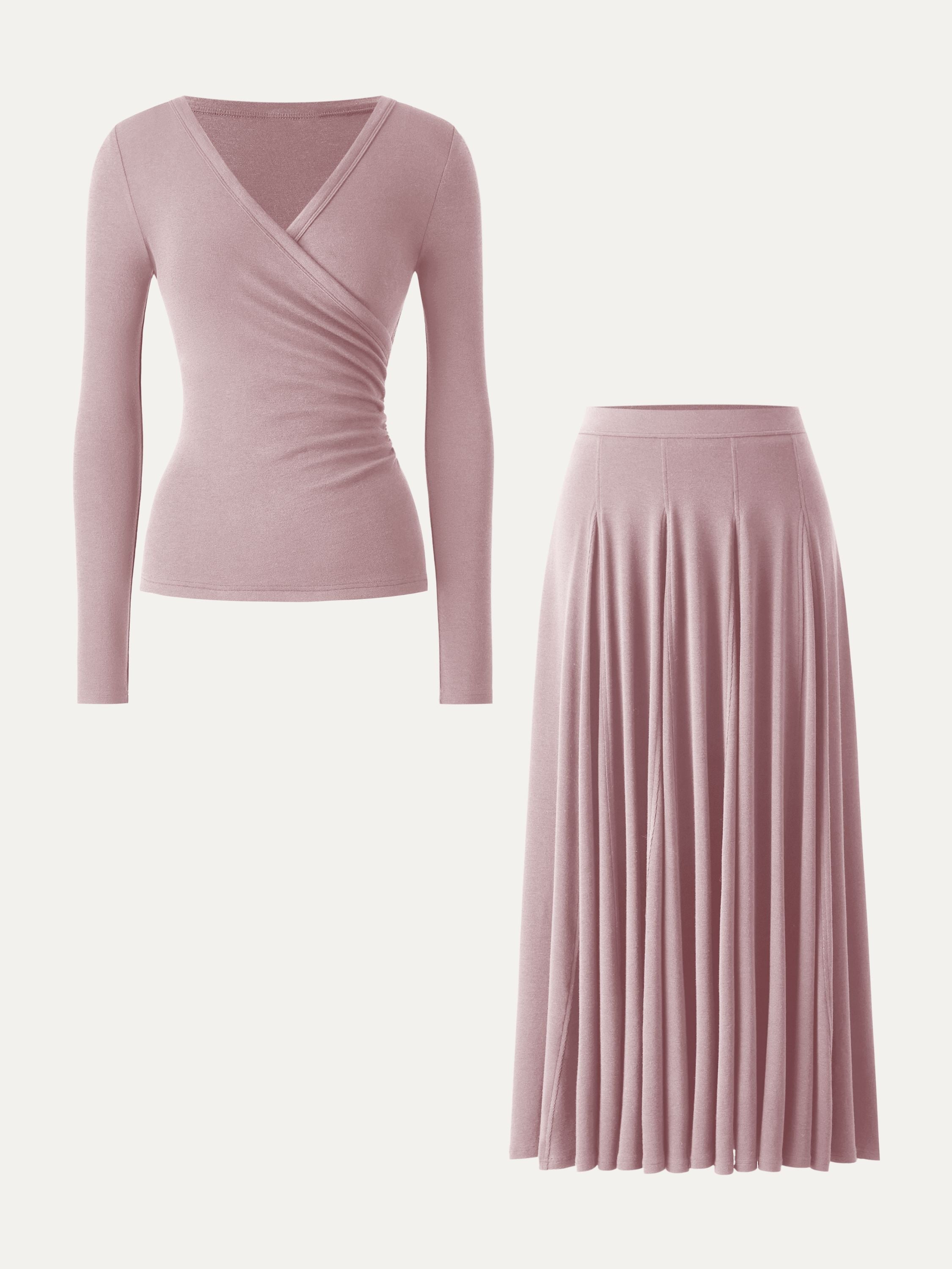 2Pcs Set Surplice Ruched Long Sleeve & Godet Hem Pull-on Maxi Skirt