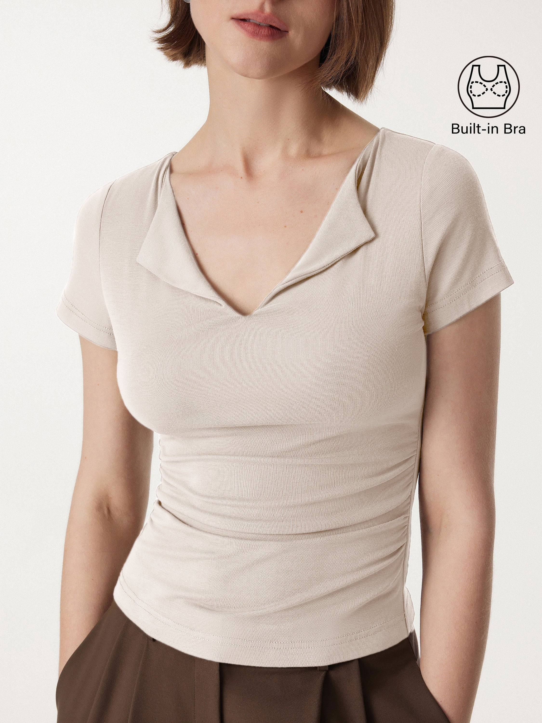 Flapped V-neck Side Ruched New Airy Brami Tee