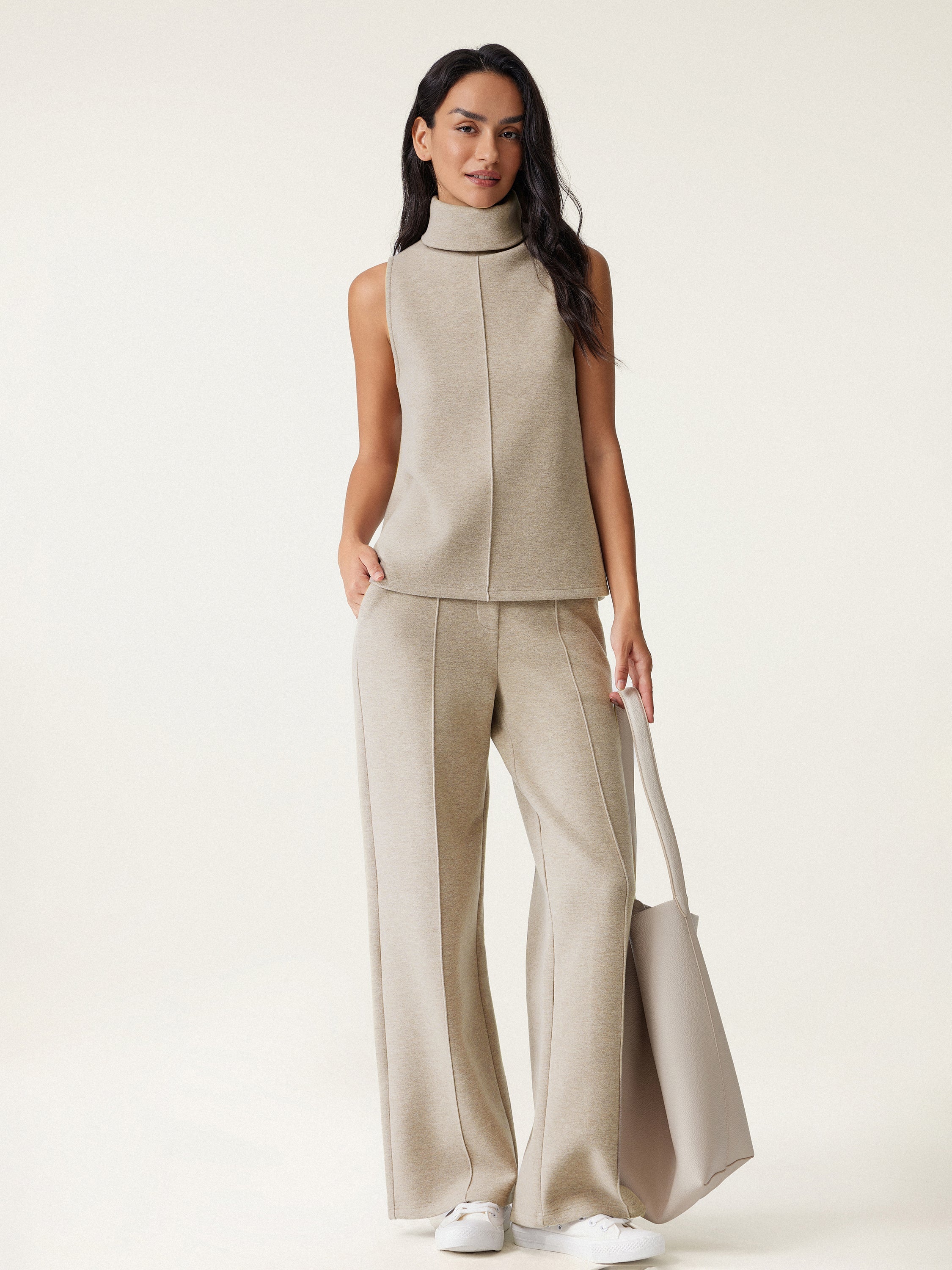 2Pcs Set Petite High Waisted Straight Leg Pant & Split Hem Top