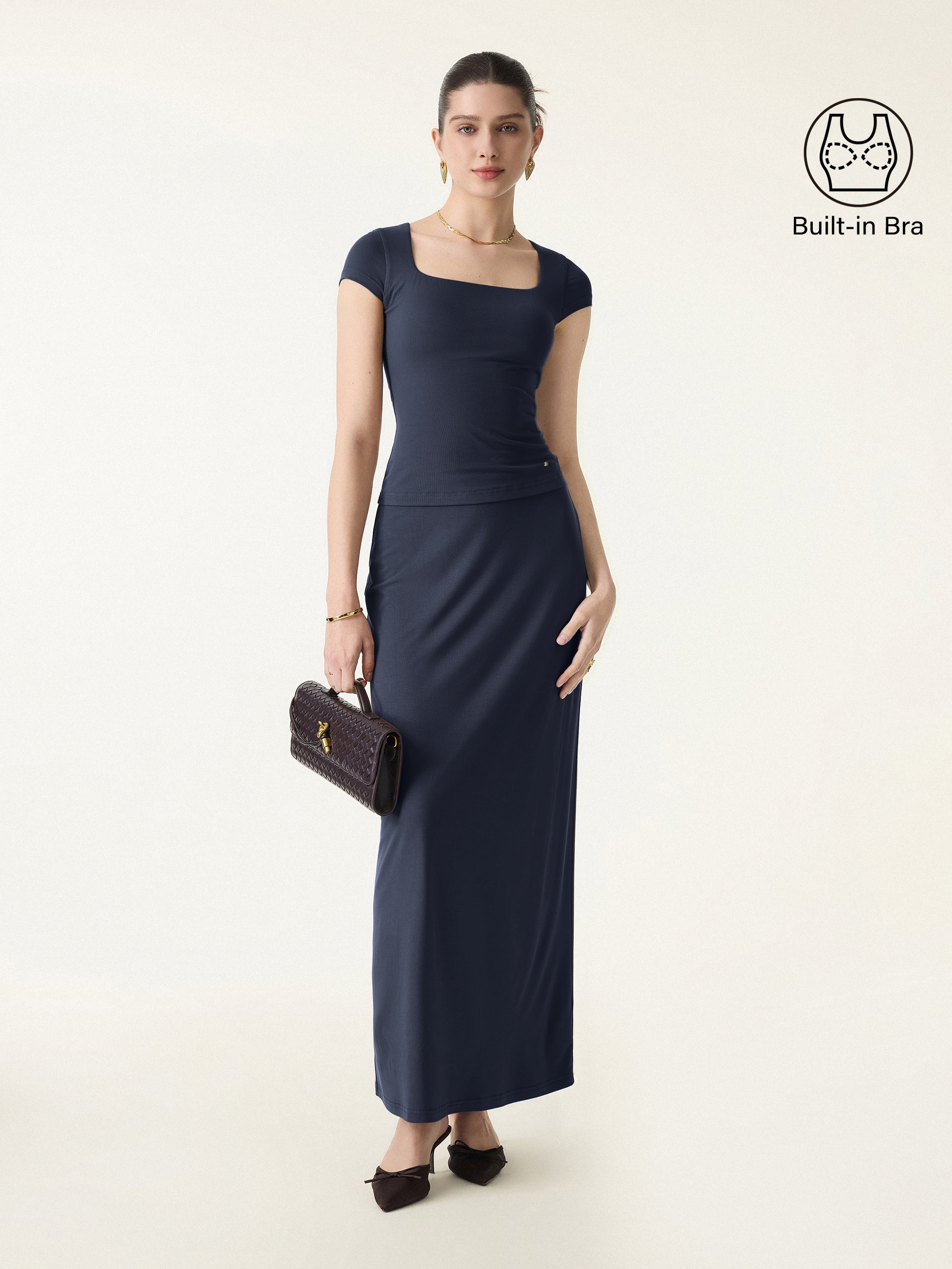 2Pcs Set SkinKiss Square Neck Cap Sleeve Cropped Brami & H-Line Maxi Skirt