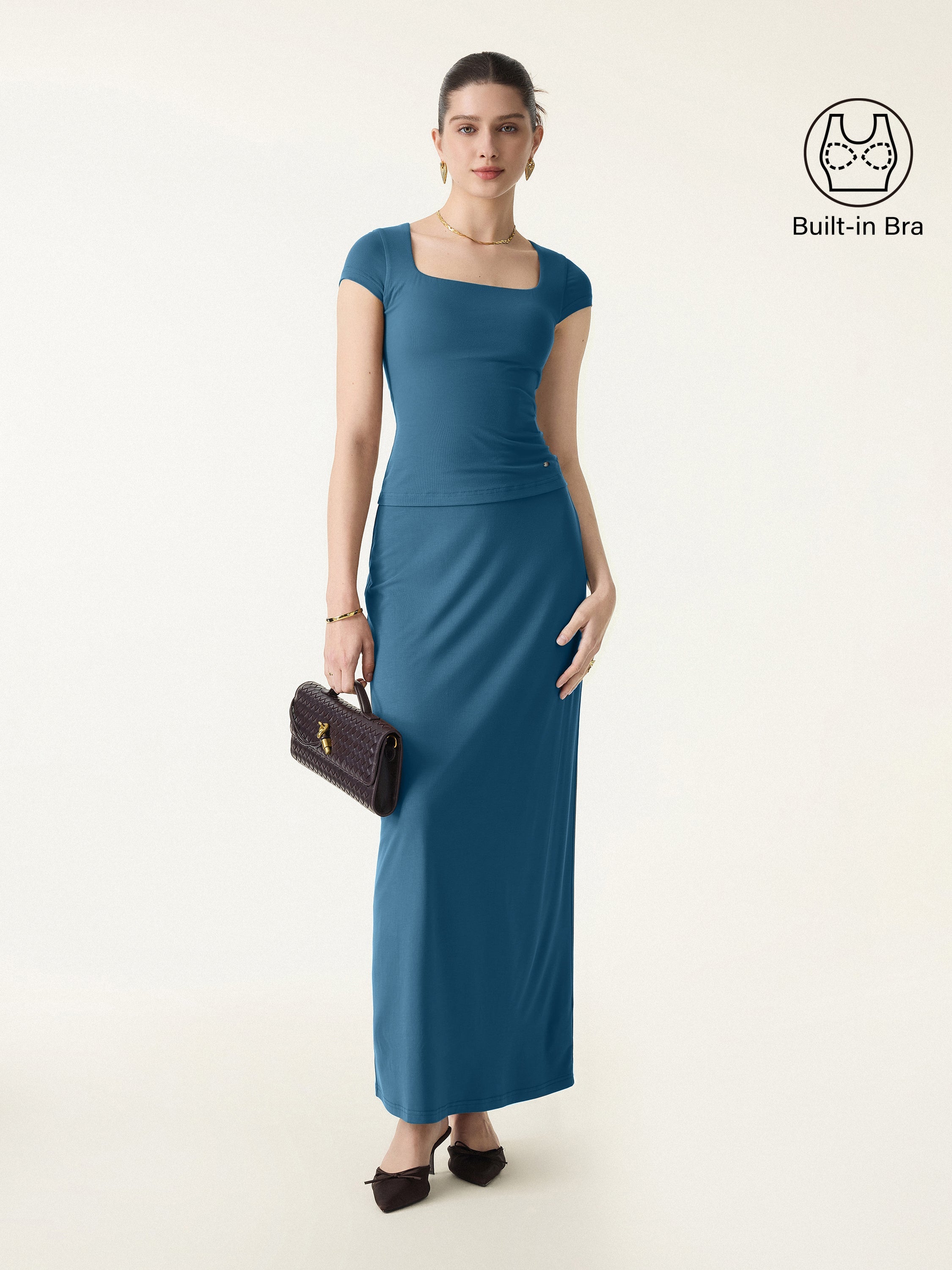 2Pcs Set SkinKiss Square Neck Cap Sleeve Cropped Brami & H-Line Maxi Skirt