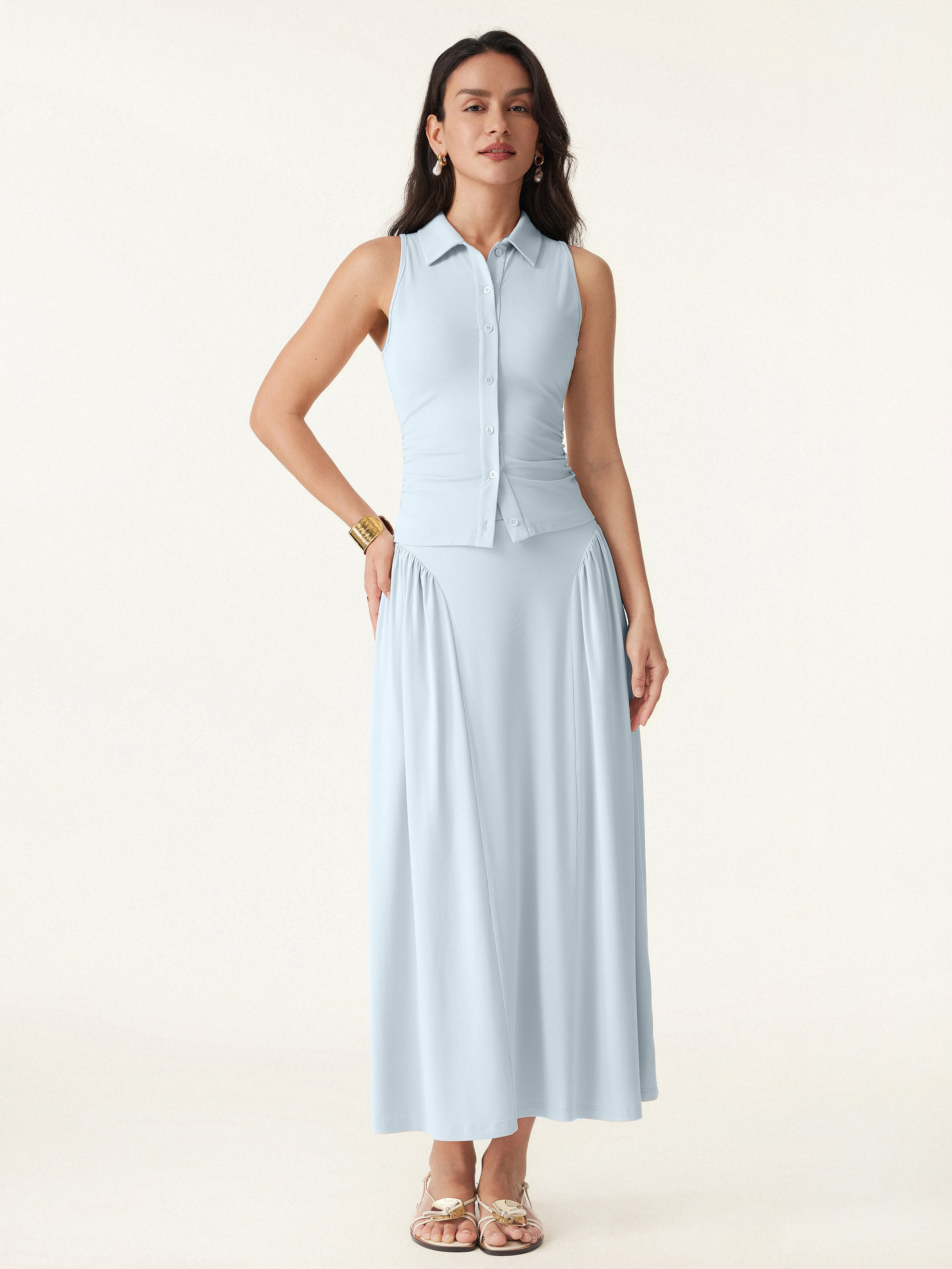 2Pcs Set Faux Button Placket Shirt Tank & Flared Midi Skirt with Pockets