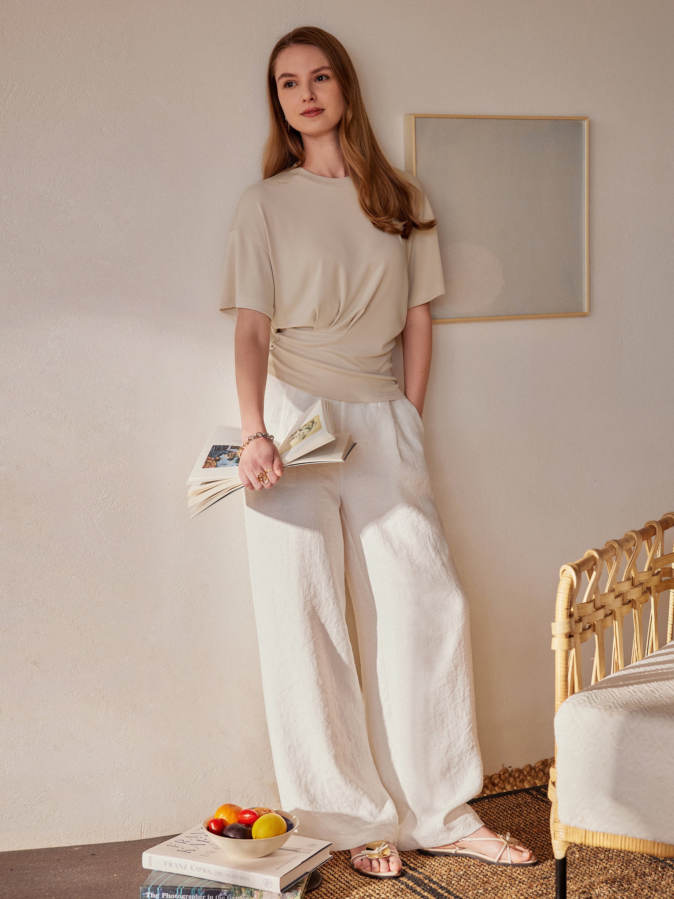 2Pcs Set Sandwashed Crewneck Short Sleeve Tee & Linen Mid Rise Wide Leg Pant with Pockets