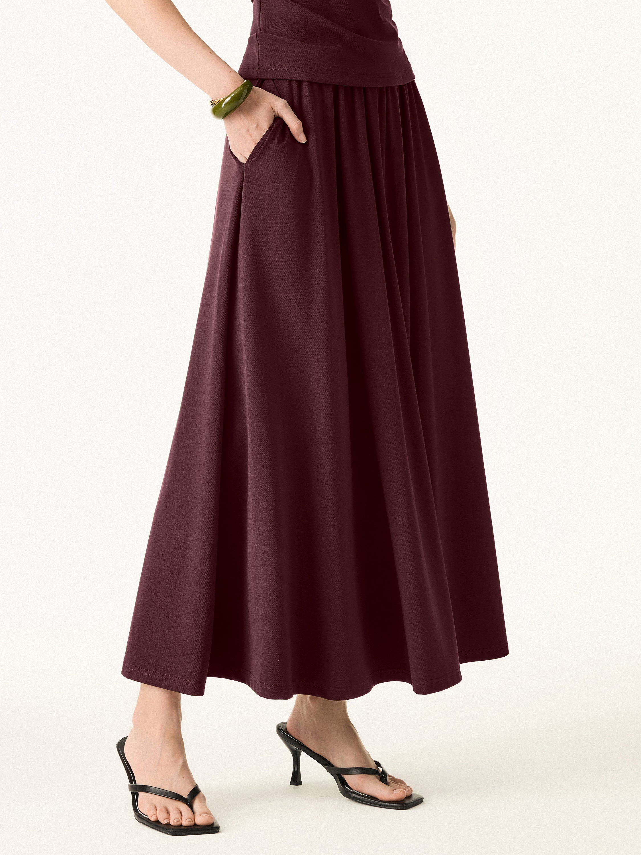 2Pcs Set Stretch Cotton Boatneck Brami Tank & Maxi Umbrella Skirt with Pockets