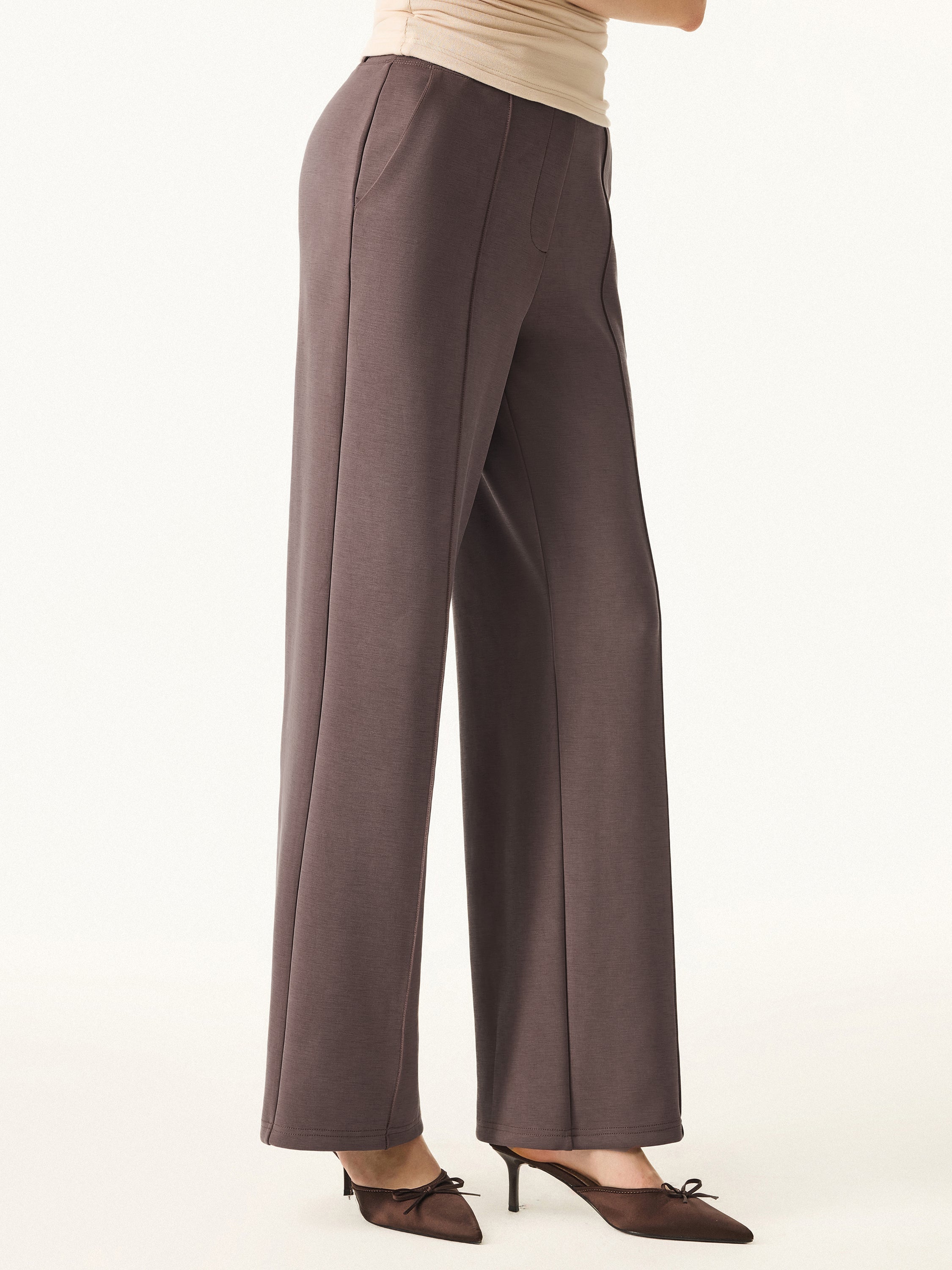 Wrinkle-Resistant Mid Rise Straight Leg Pants with Pockets