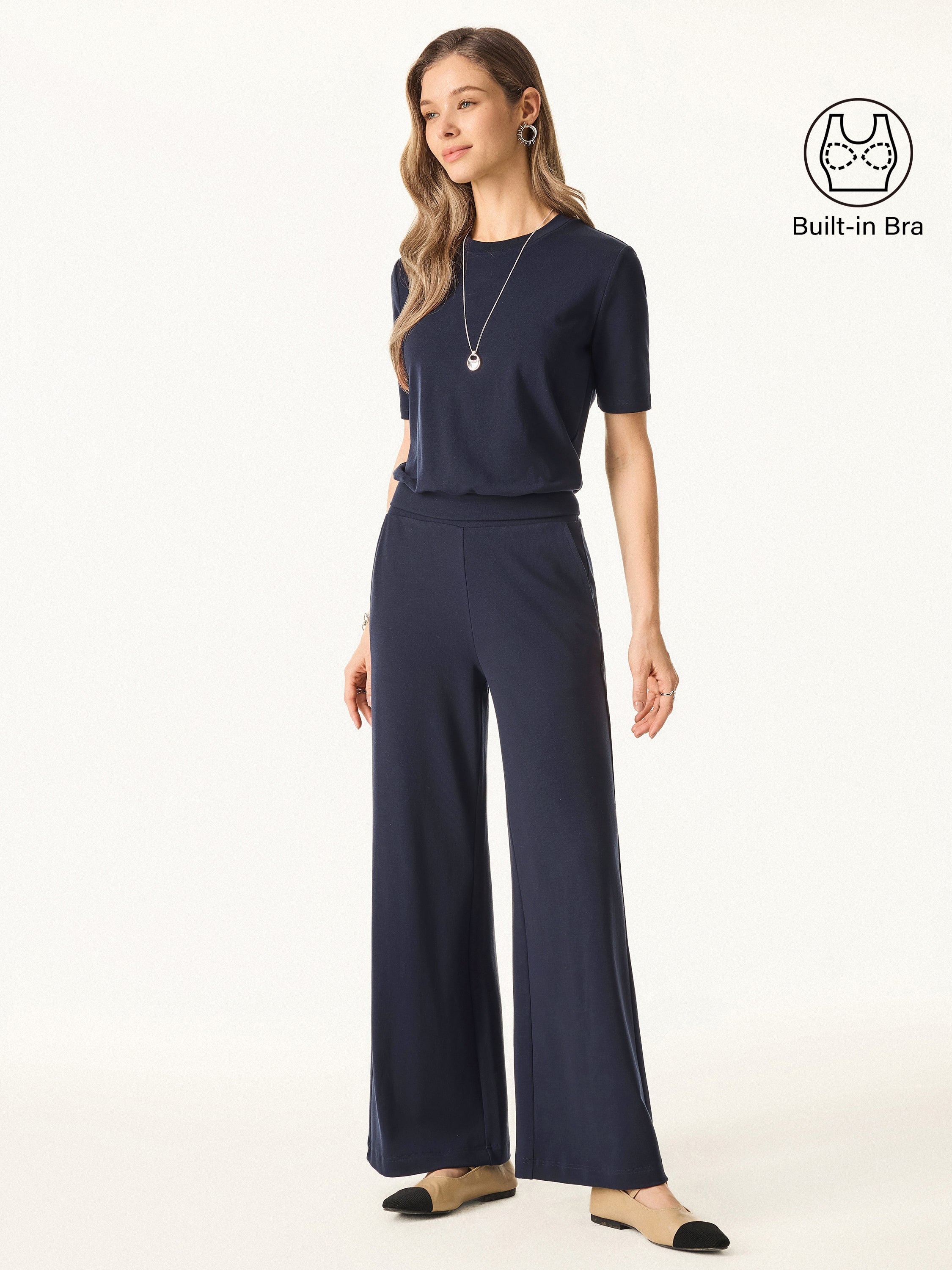 2Pcs Set Petite Mid Rise Wide Leg Pants with Pockets & Crewneck Brami with Banded Hem