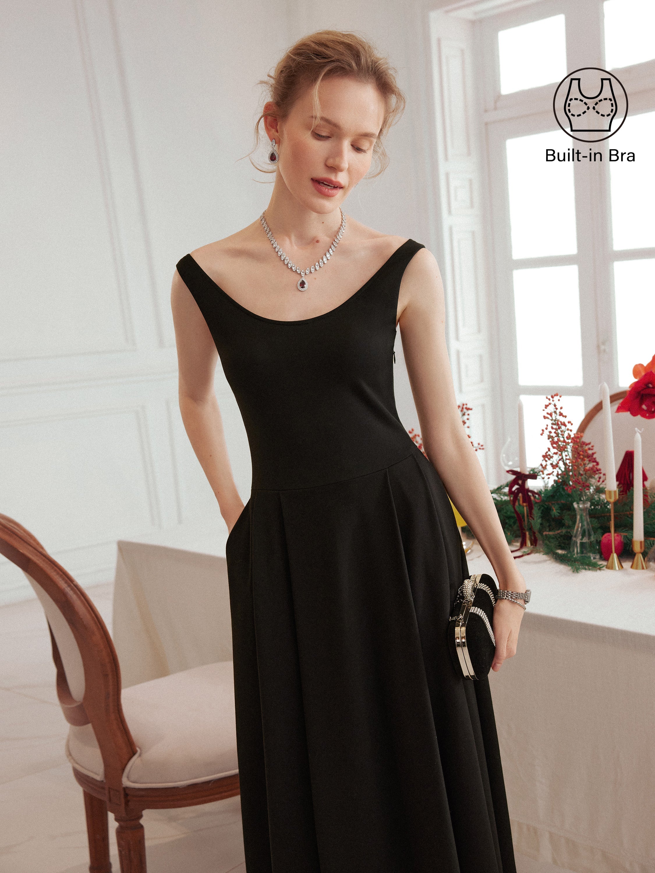 Balletic Scoop Neck Midi Brami Dress with Pockets