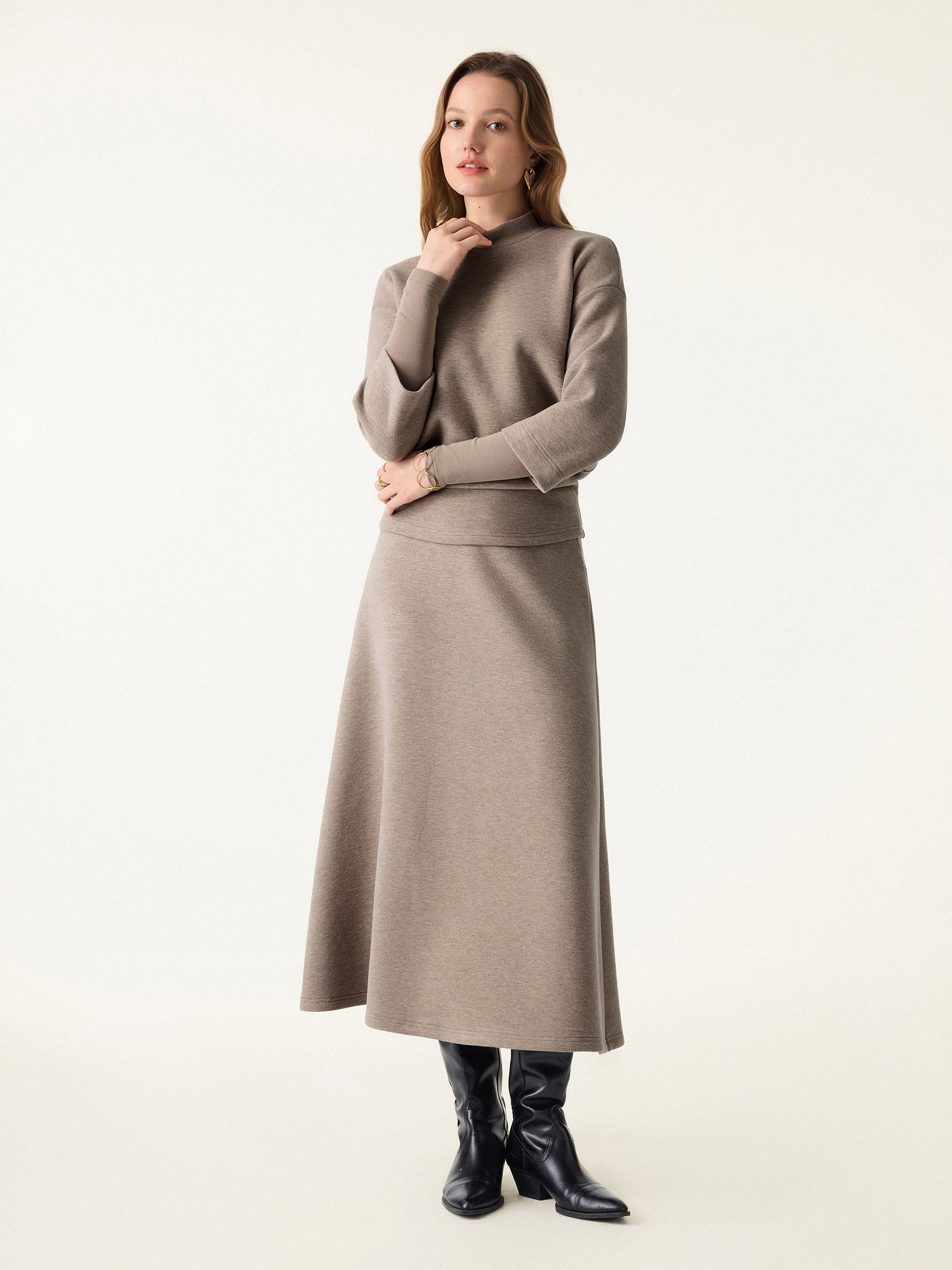 2Pcs Set FuzzLuxe Mockneck Sleeve-Warmer Top & Midi A-line Circle Skirt