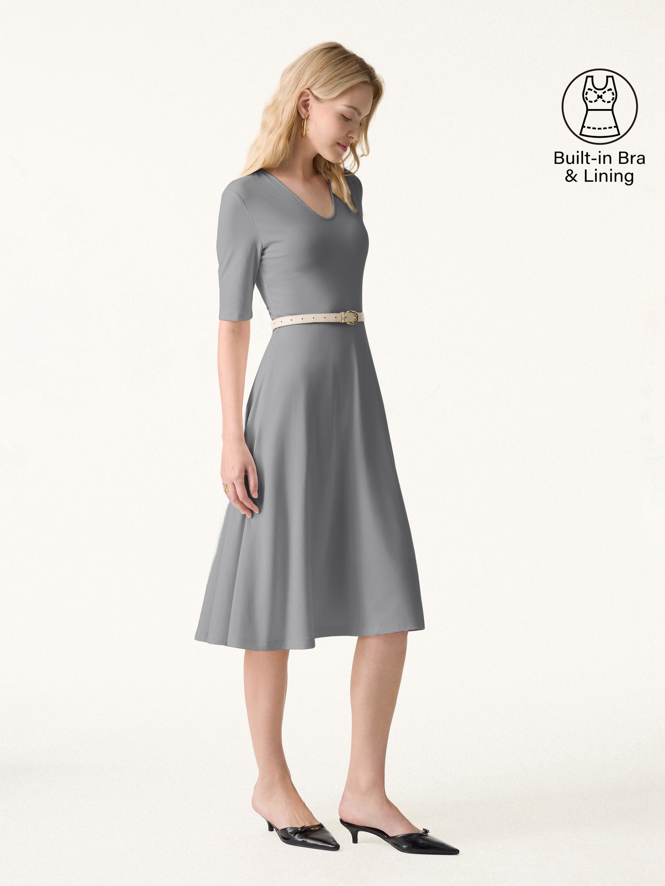 V-Neck Elbow Sleeve Midi Brami Dress with Pockets