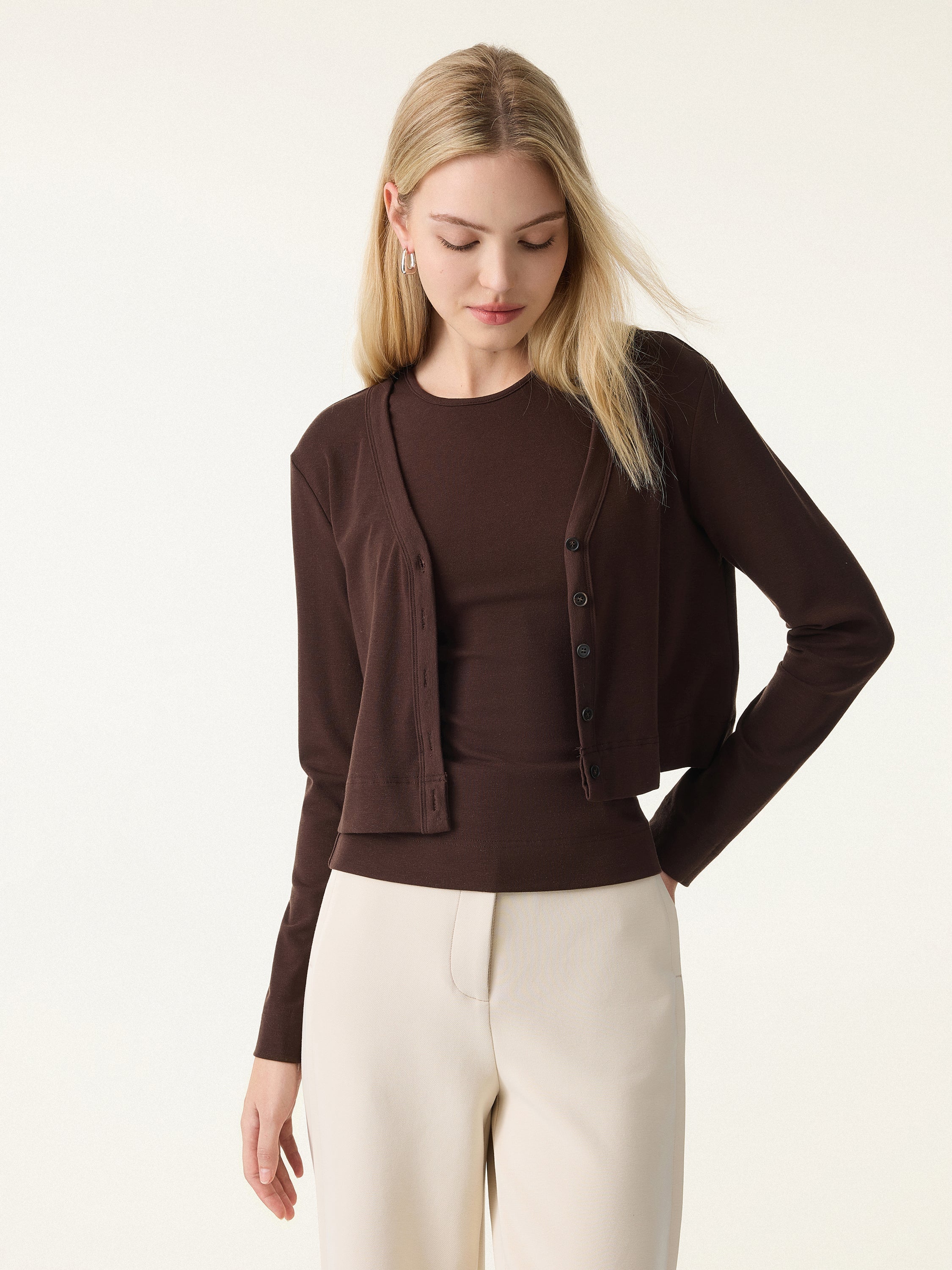 2Pcs Set Non-Itch Lyocell Wool Relaxed Cardigan & Round Neck Tank