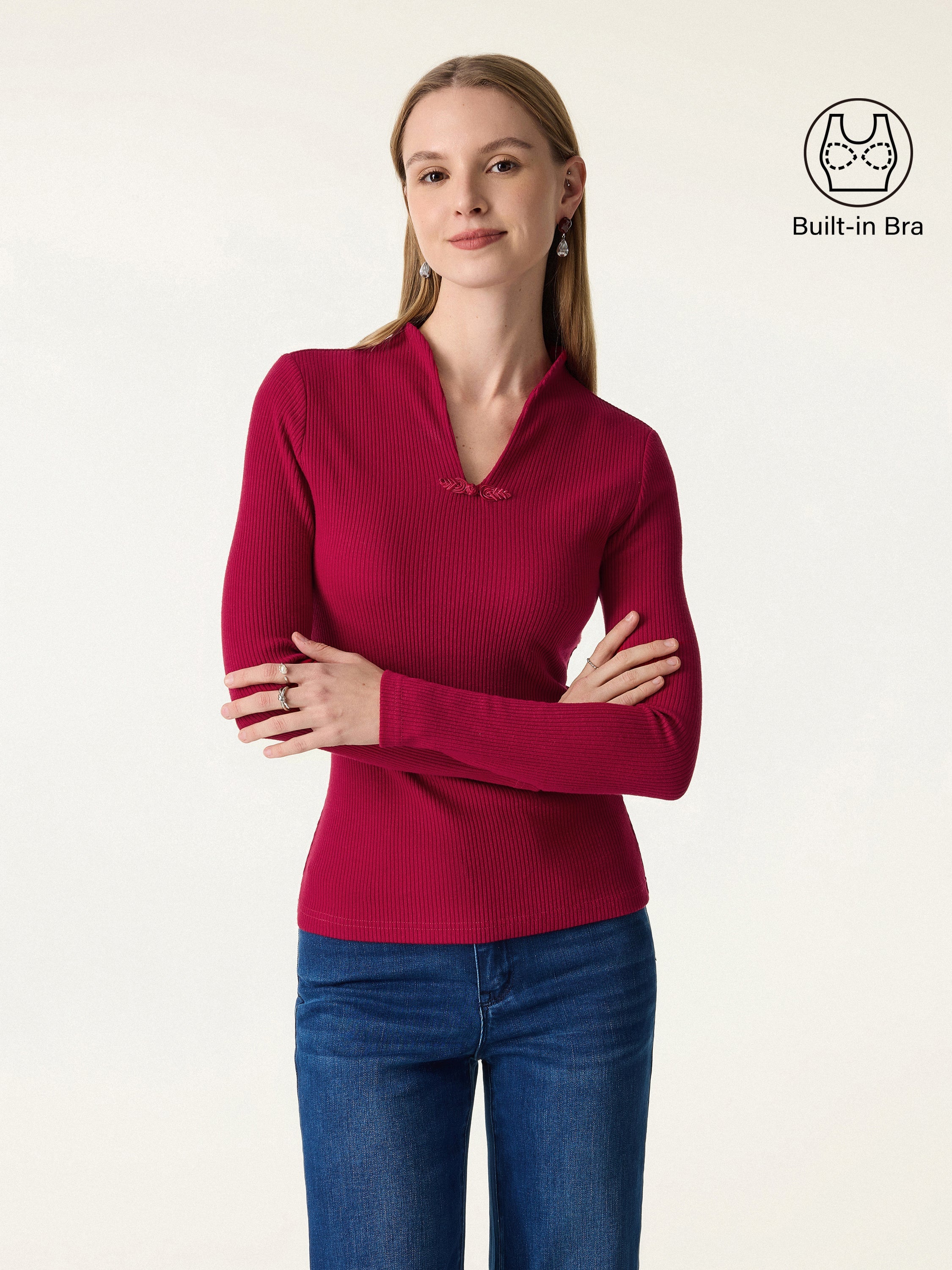 Ribbed Stand V-neck Frog Button Long Sleeve Brami Limited Edition