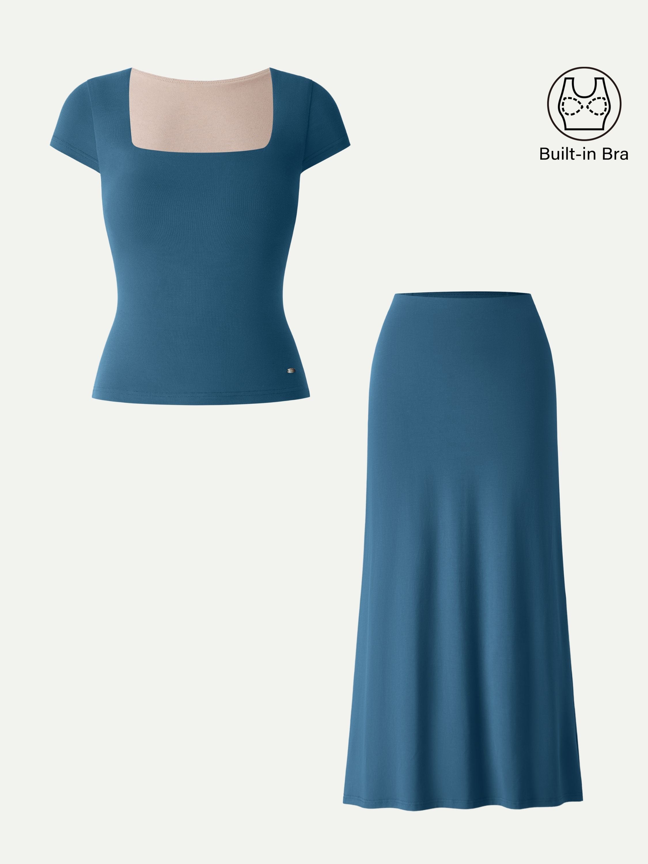 2Pcs Set SkinKiss Square Neck Cap Sleeve Cropped Brami & H-Line Maxi Skirt