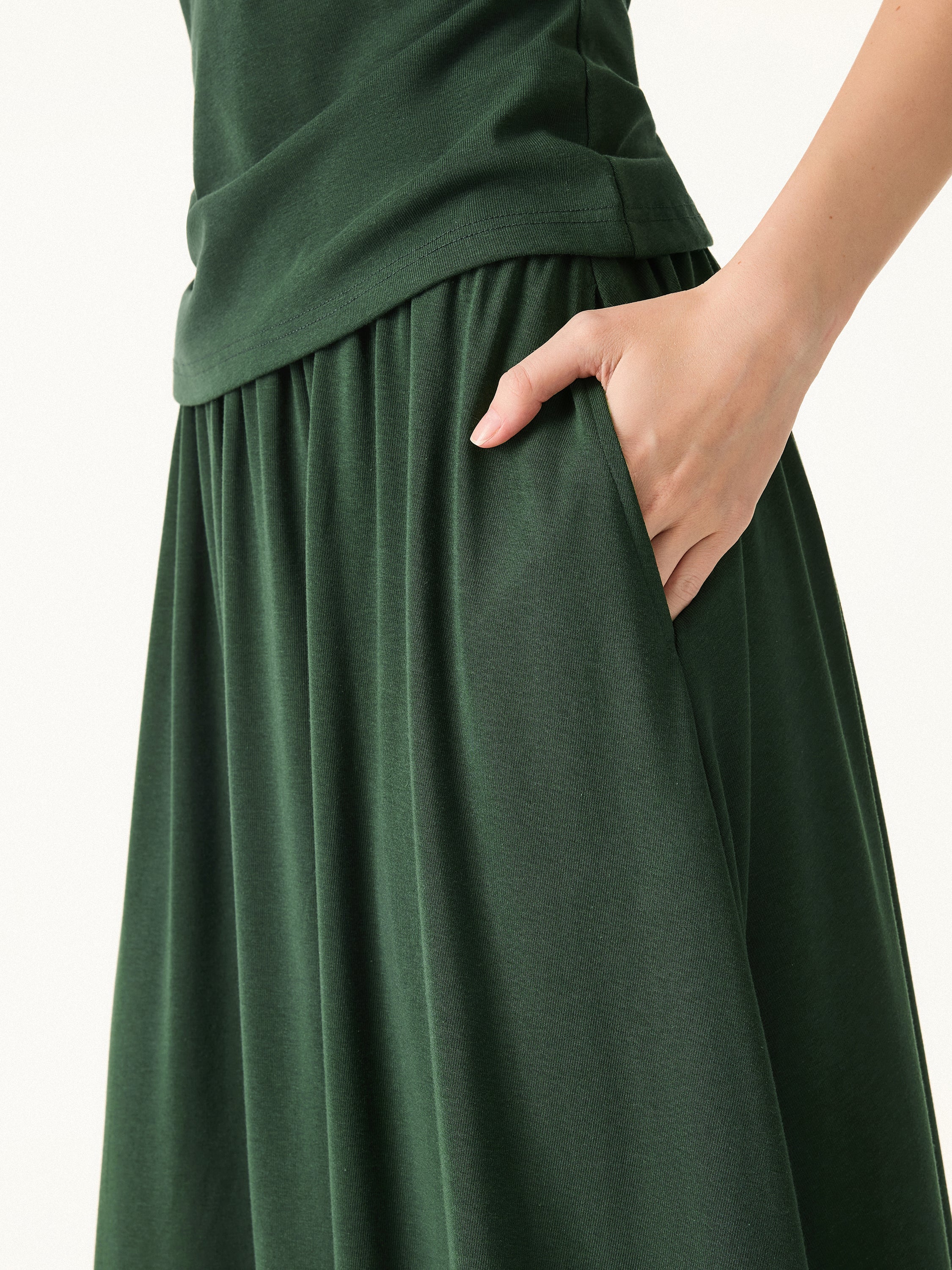 2Pcs Set Stretch Cotton Boatneck Brami Tank & Maxi Umbrella Skirt with Pockets