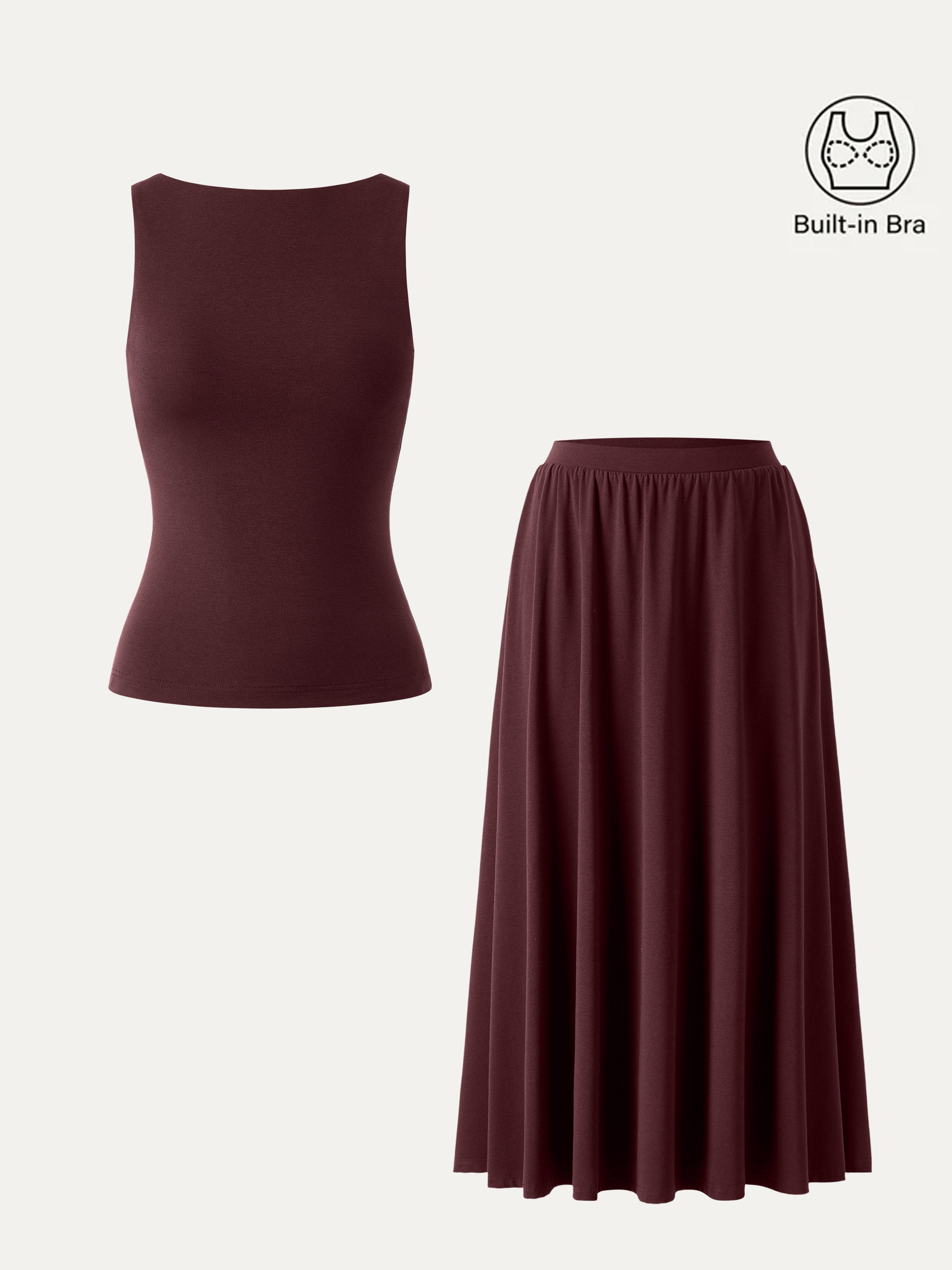 2Pcs Set Stretch Cotton Boatneck Brami Tank & Maxi Umbrella Skirt with Pockets
