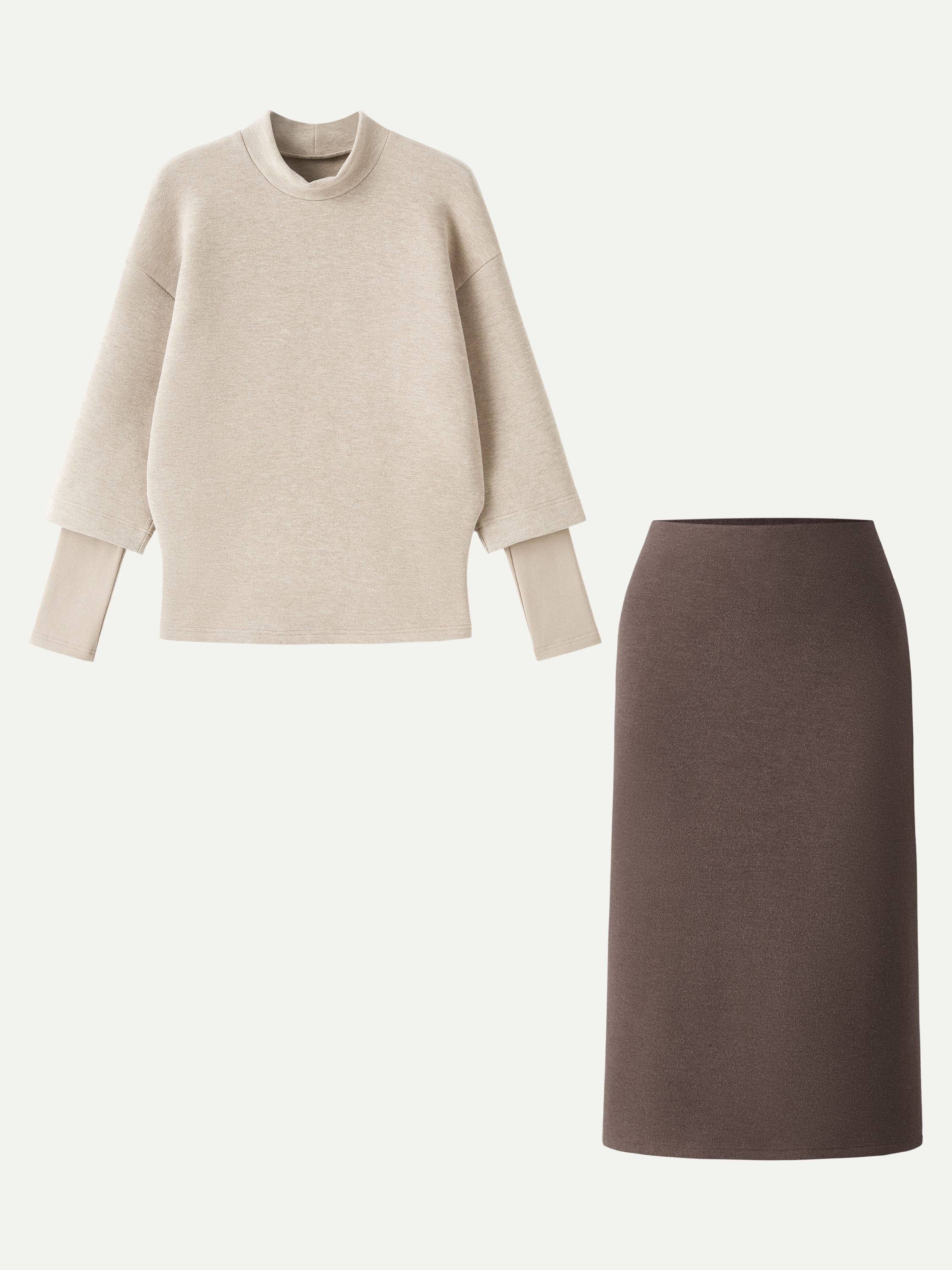 2Pcs Set FuzzLuxe Mockneck Sleeve-Warmer Top & A-line Pull-on Midi Skirt