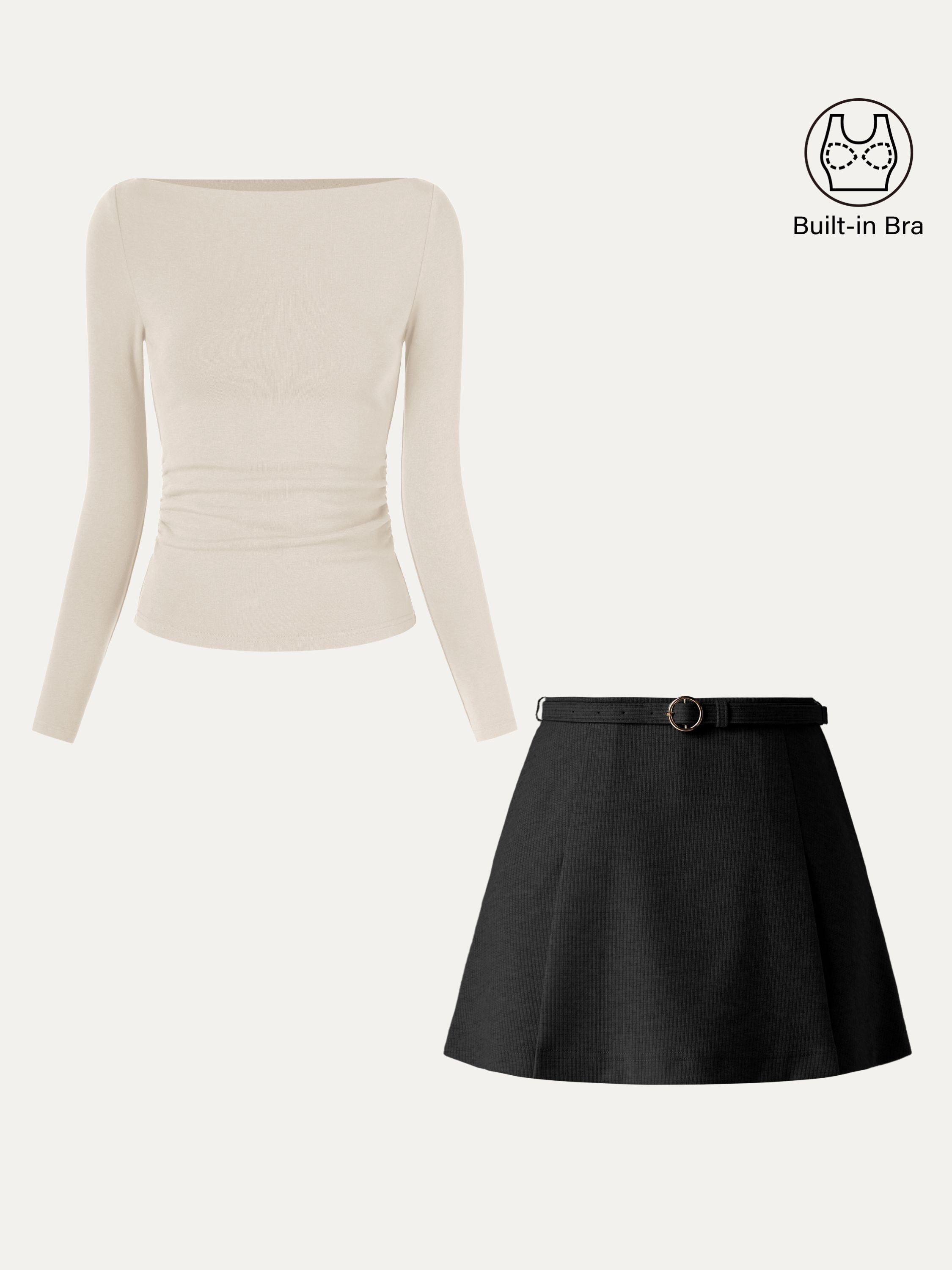 2Pcs Set Side Ruched Boatneck Brami Top & Belted Mini Skirt With Shorts