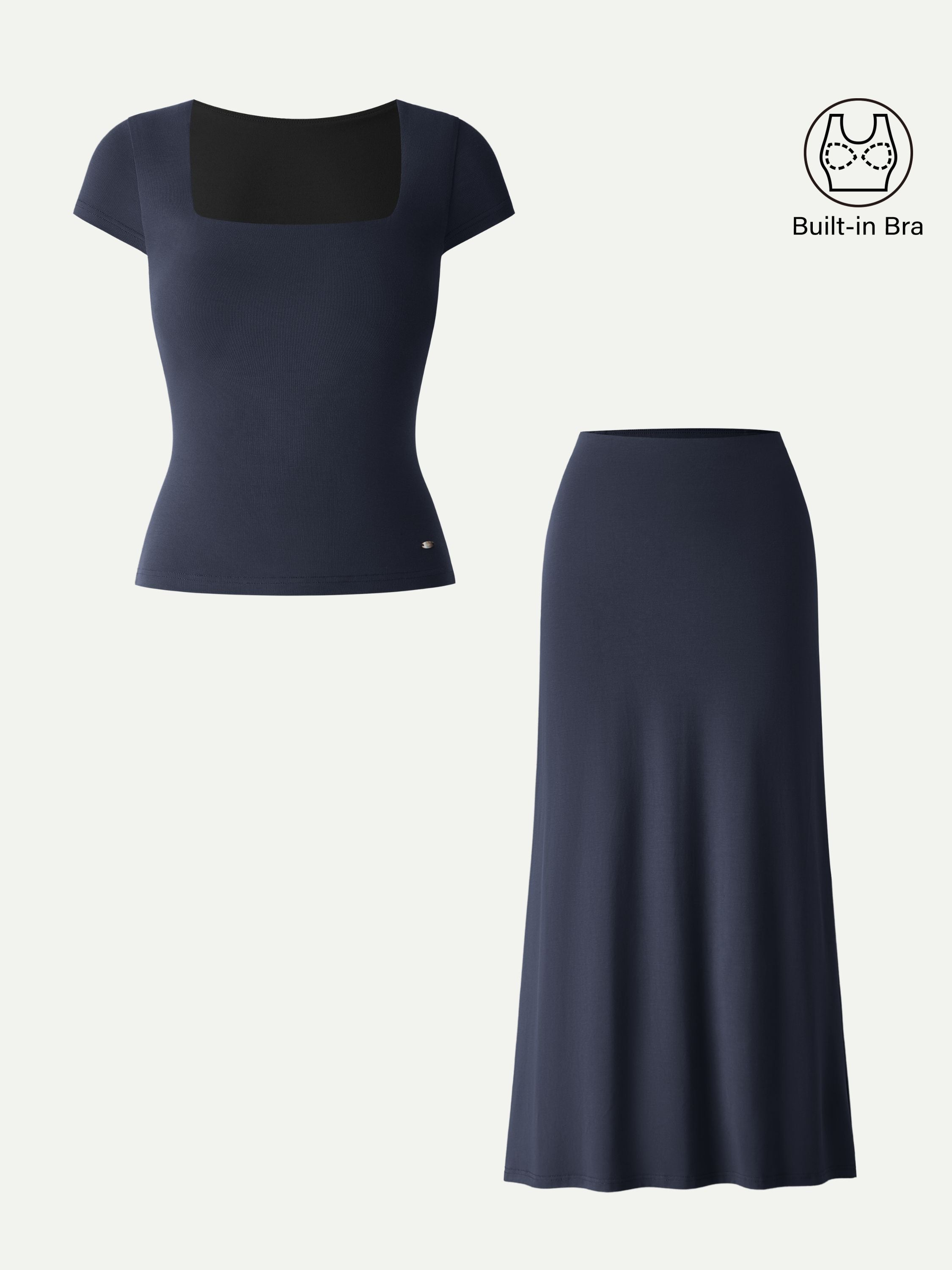 2Pcs Set SkinKiss Square Neck Cap Sleeve Cropped Brami & H-Line Maxi Skirt
