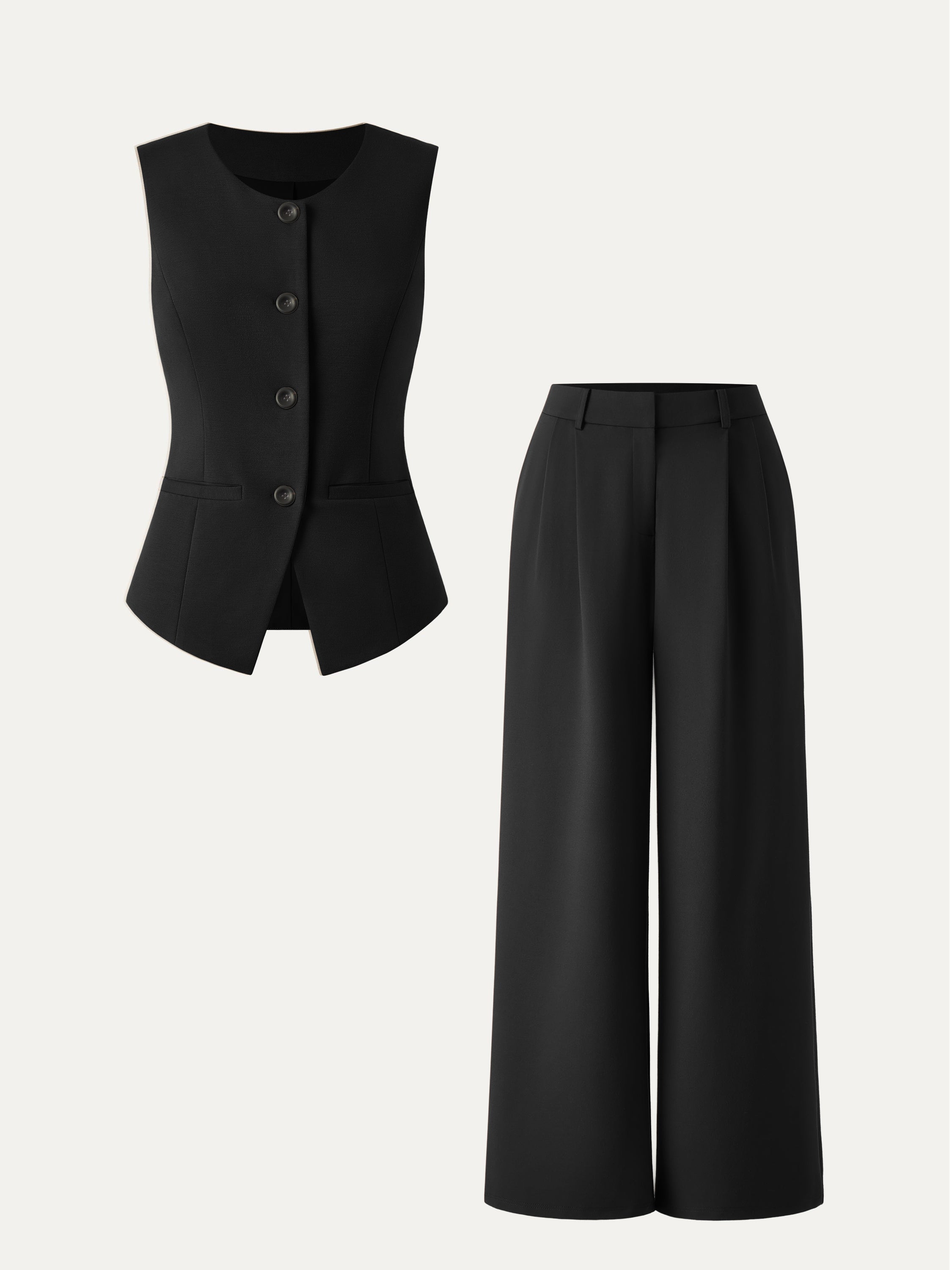 2Pcs Set Waistcoat with Pockets & Wide Leg Pant with Pockets