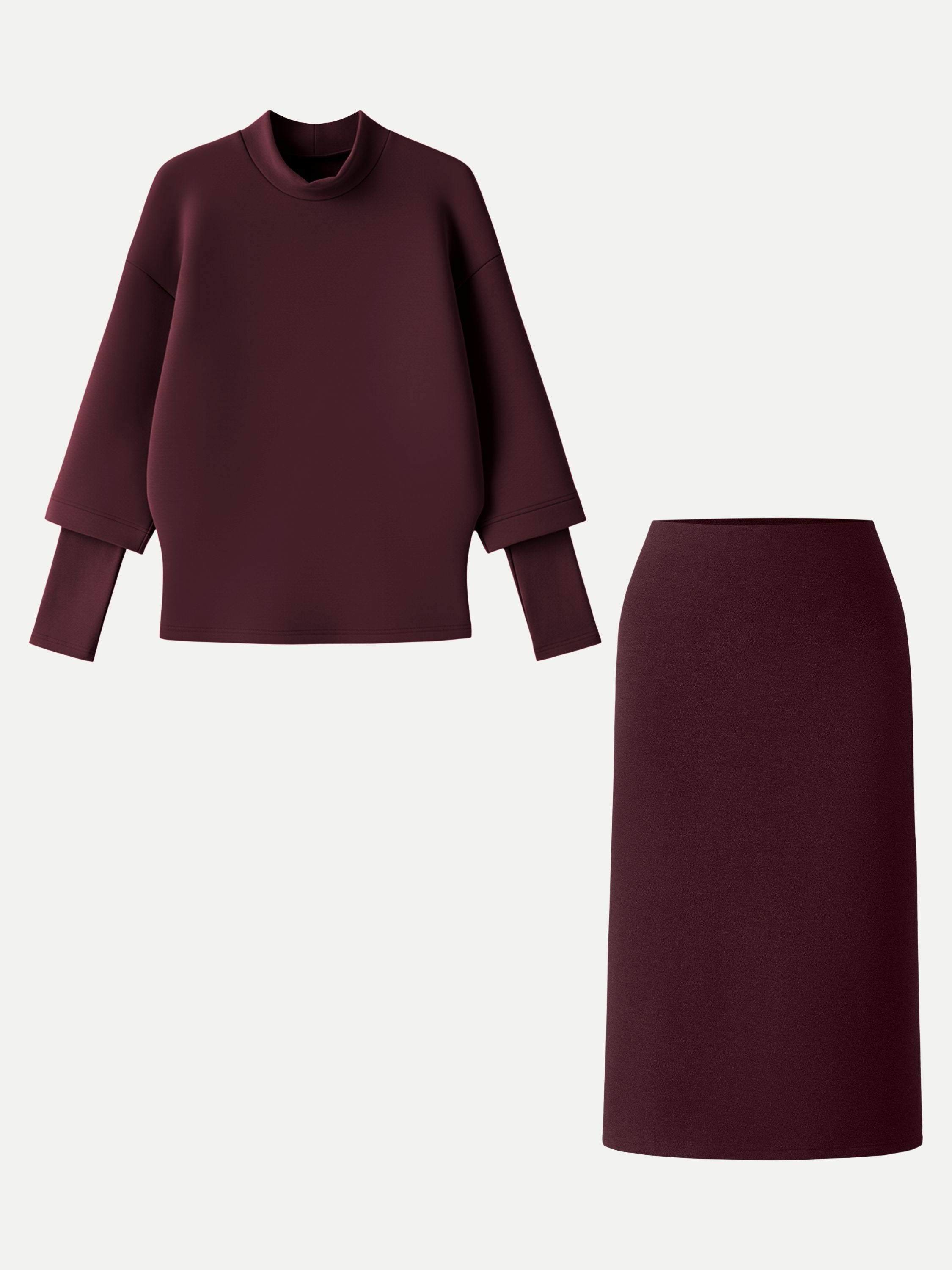 2Pcs Set FuzzLuxe Mockneck Sleeve-Warmer Top & A-line Pull-on Midi Skirt