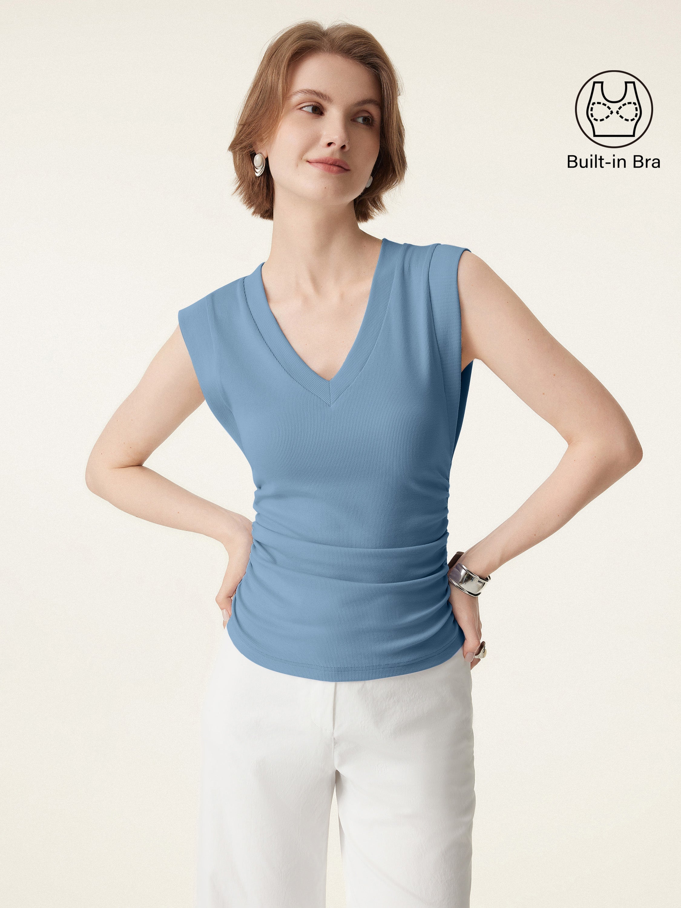 Stretch Cotton V-neck Side Ruched Muscle Brami Top
