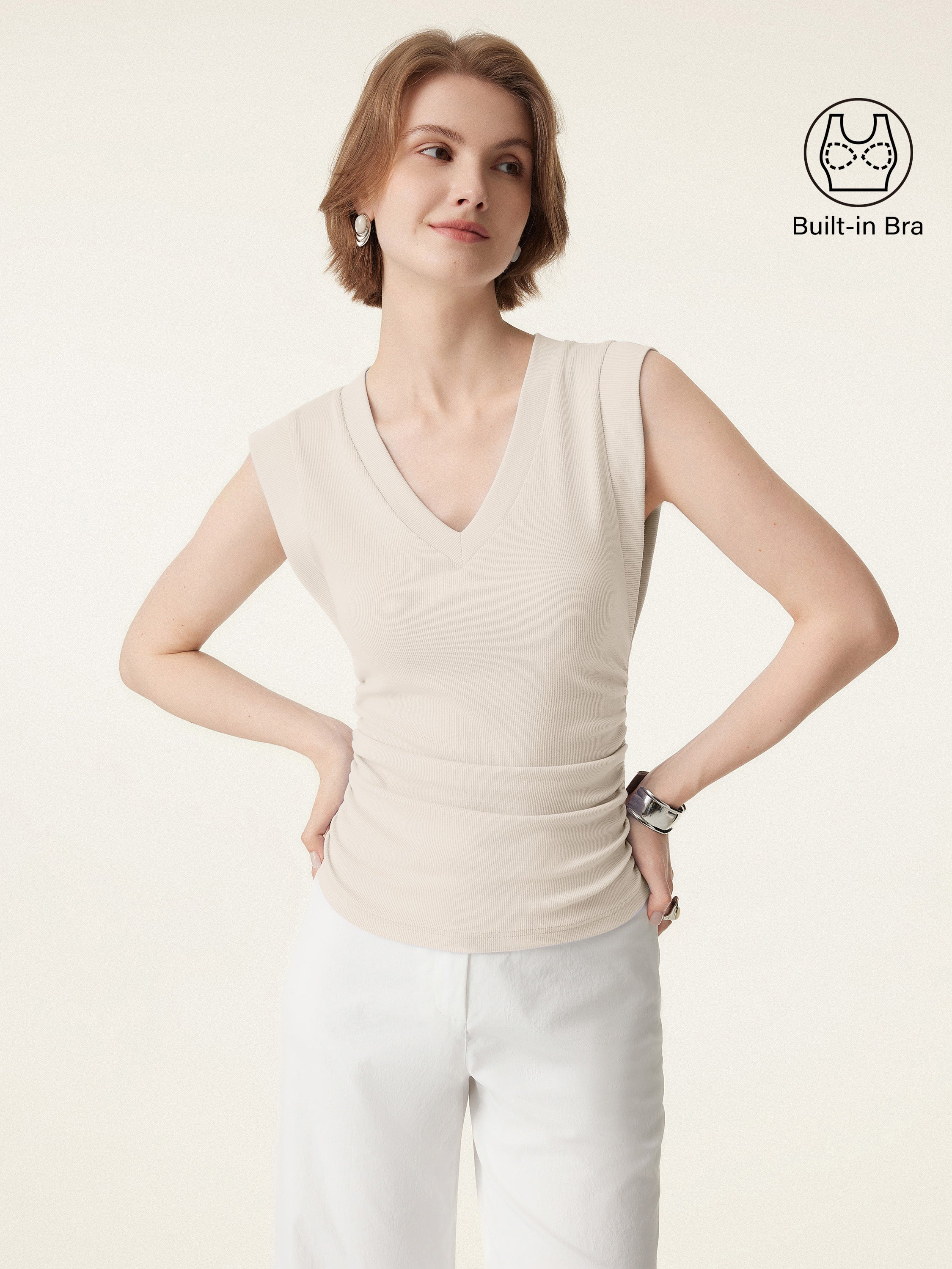Stretch Cotton V-neck Side Ruched Muscle Brami Top