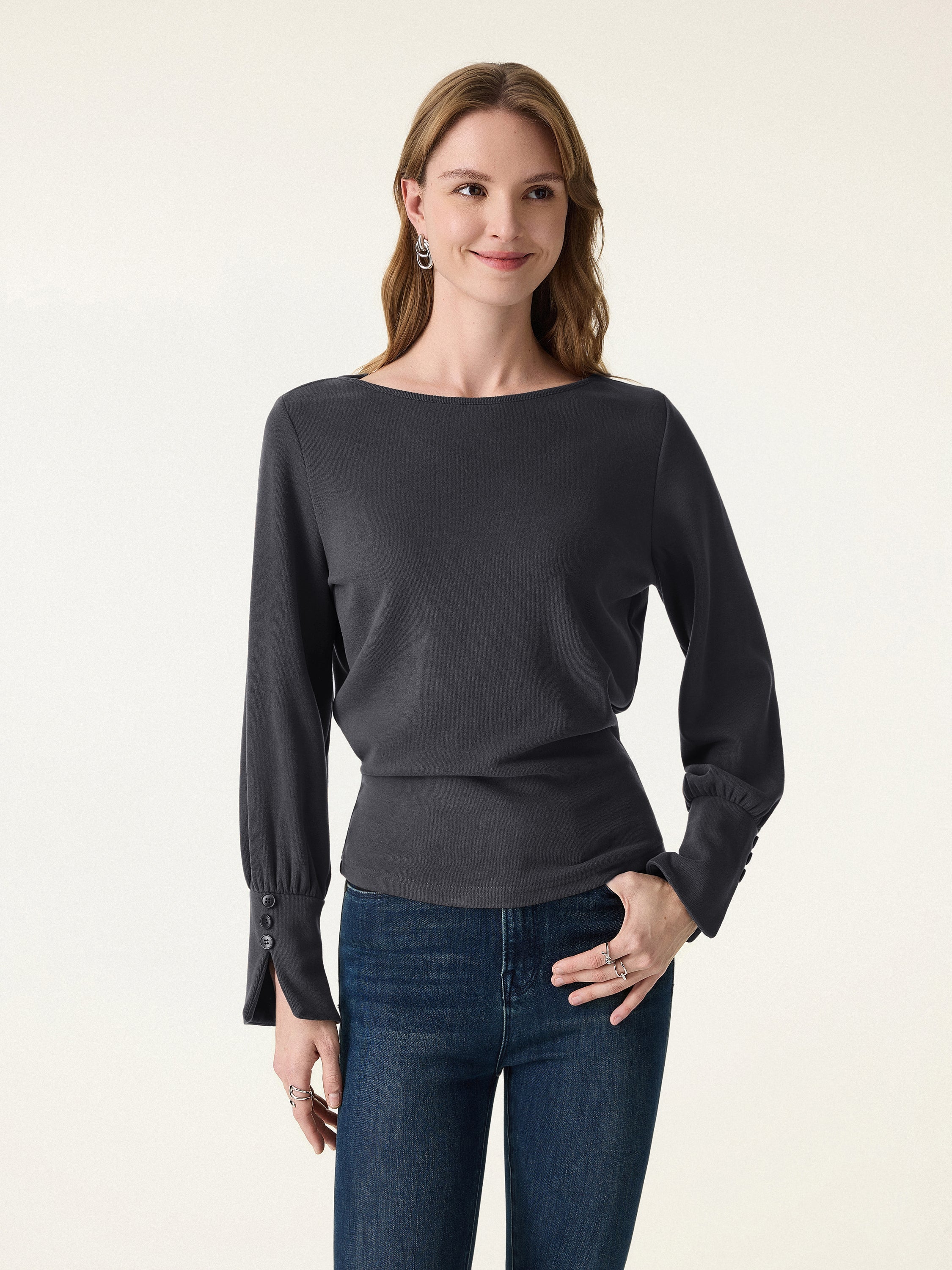 Cozy Warm Boatneck Buttoned Sleeve Top