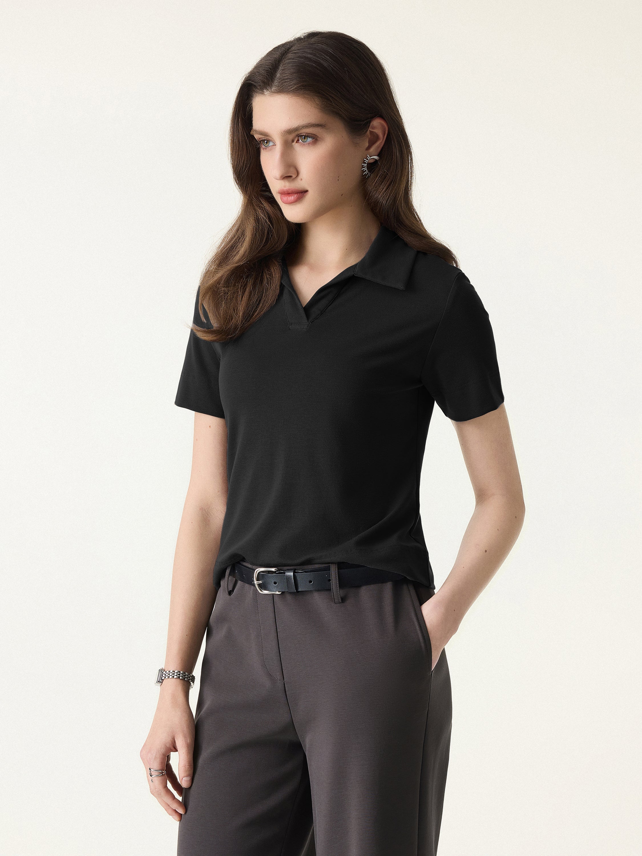 Soft Lyocell Wool Polo Neck Short Sleeve Top