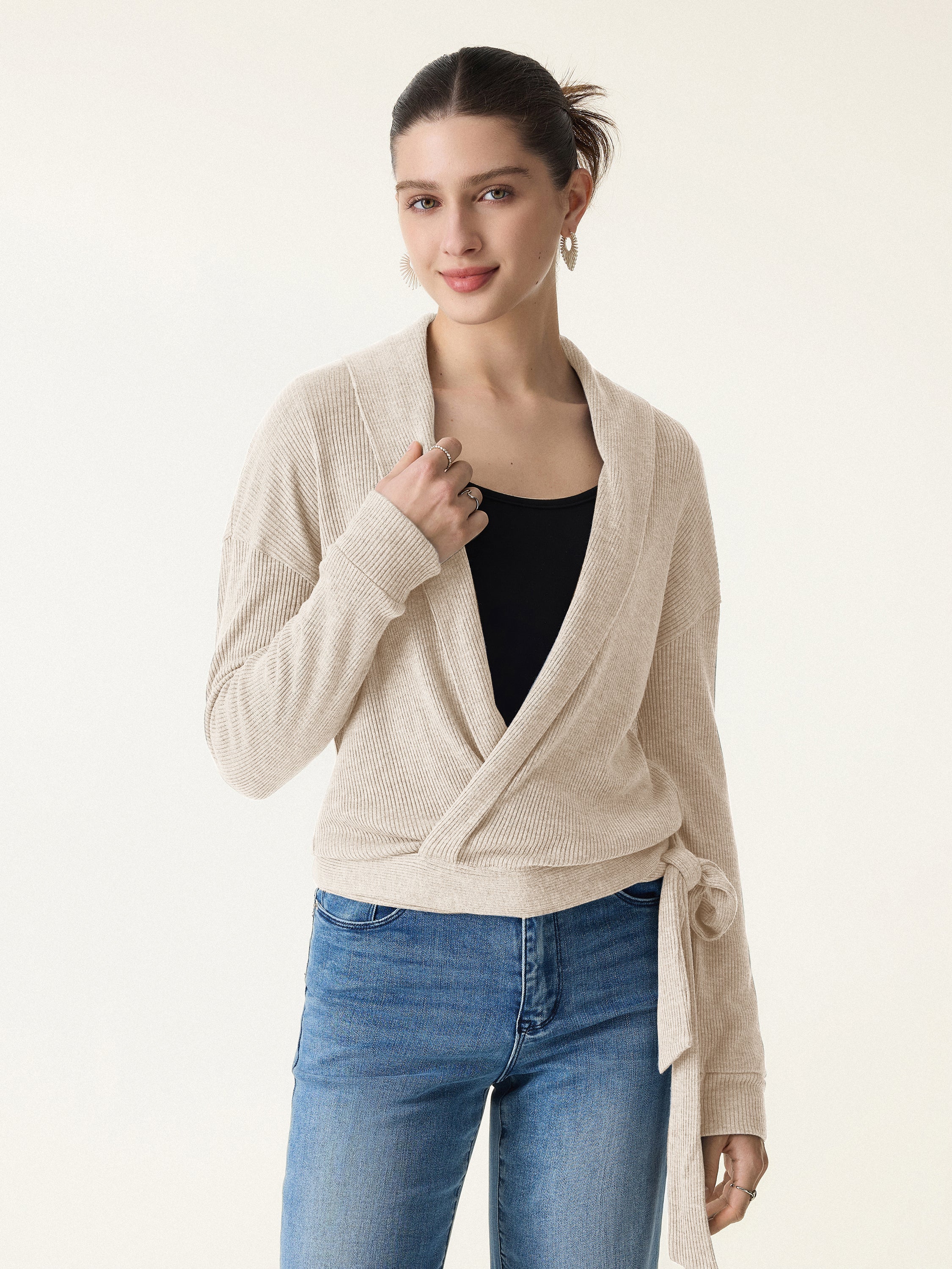 Ribbed Shawl Collar Self-Tie Cardigan