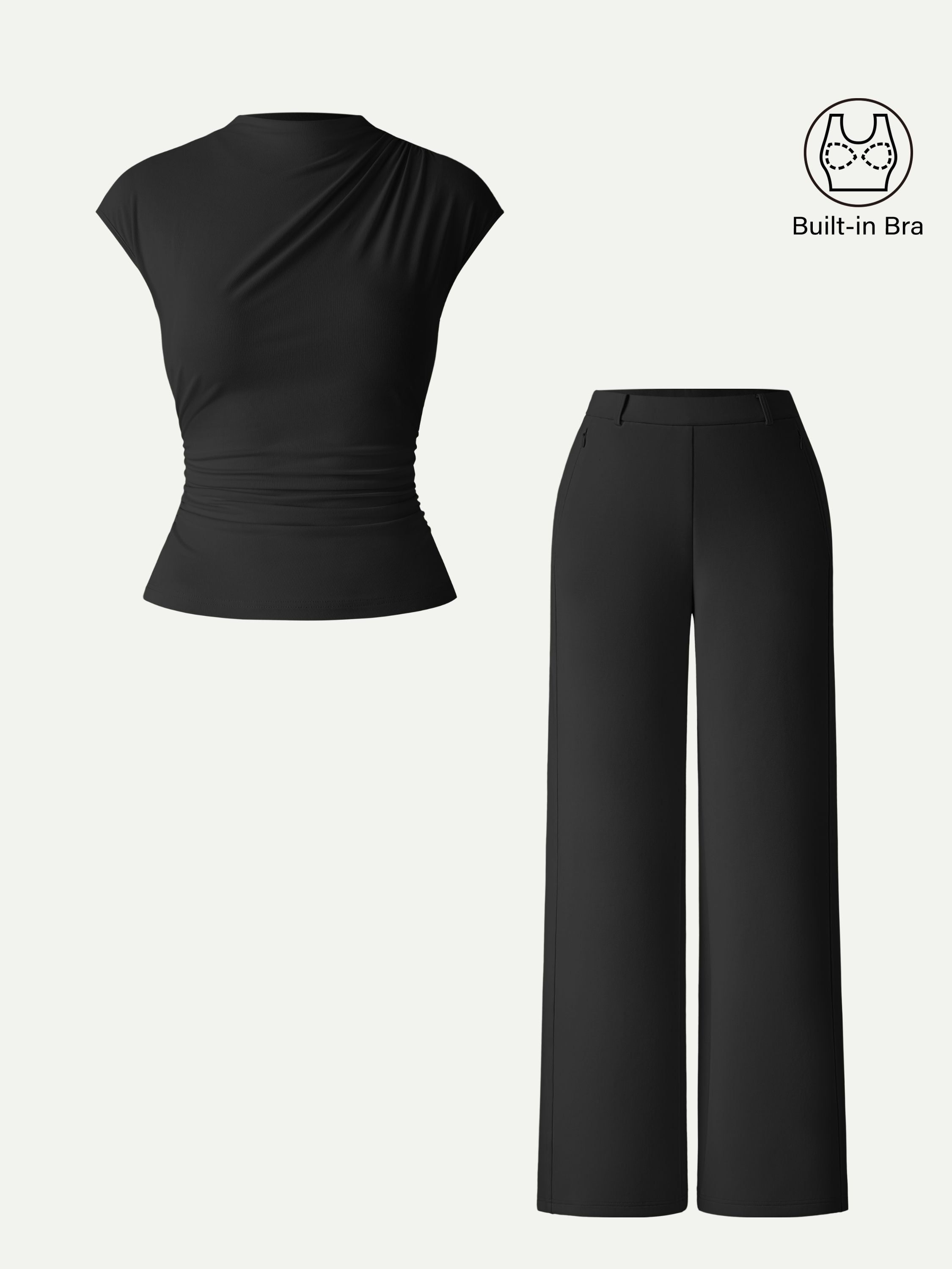 2Pcs Set Mockneck Cropped Brami & Slimming High Rise Wide Leg Pants