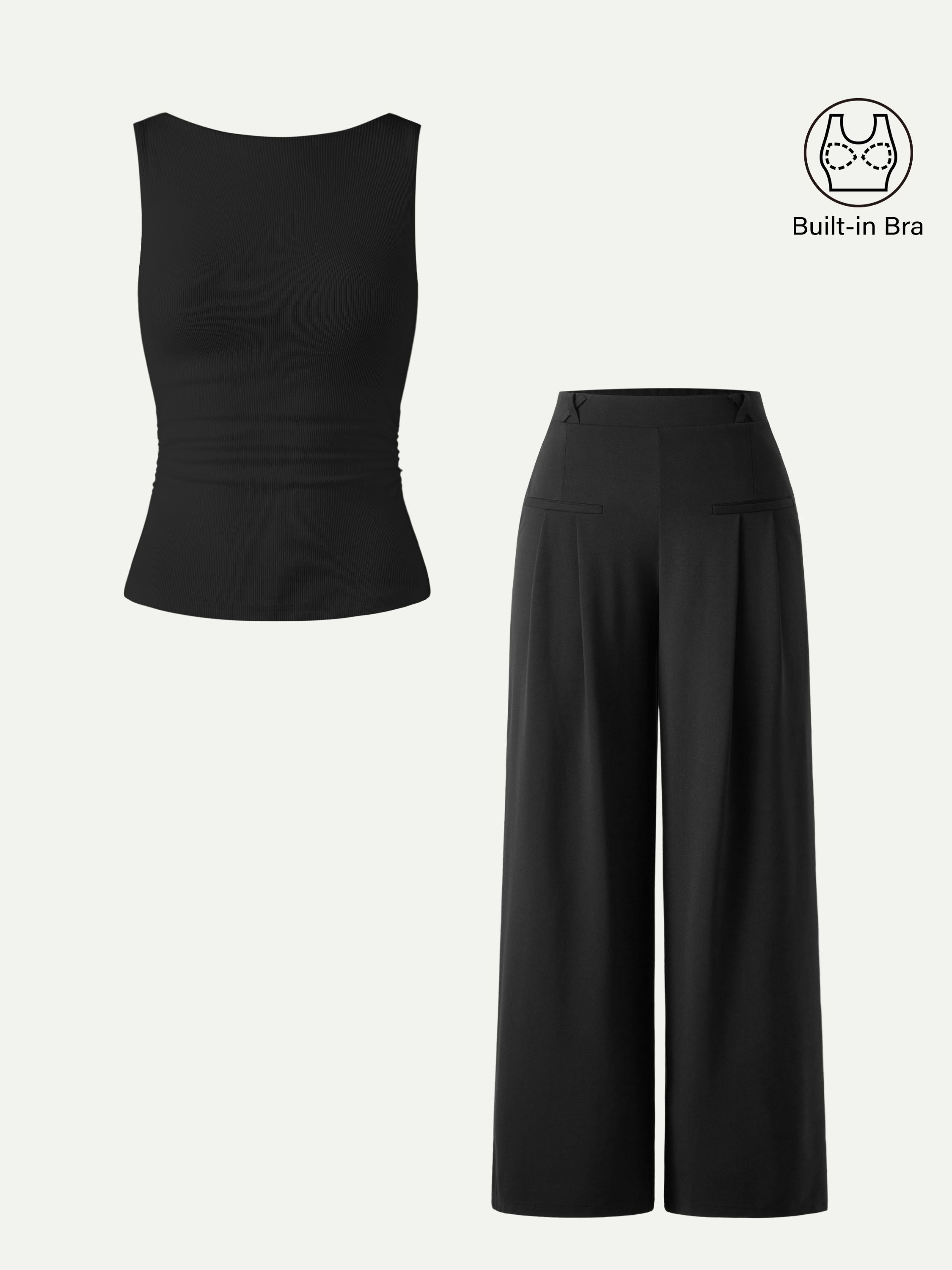 2Pcs Set Open Back Brami & Mid Rise Wide Leg Trouser with Pockets