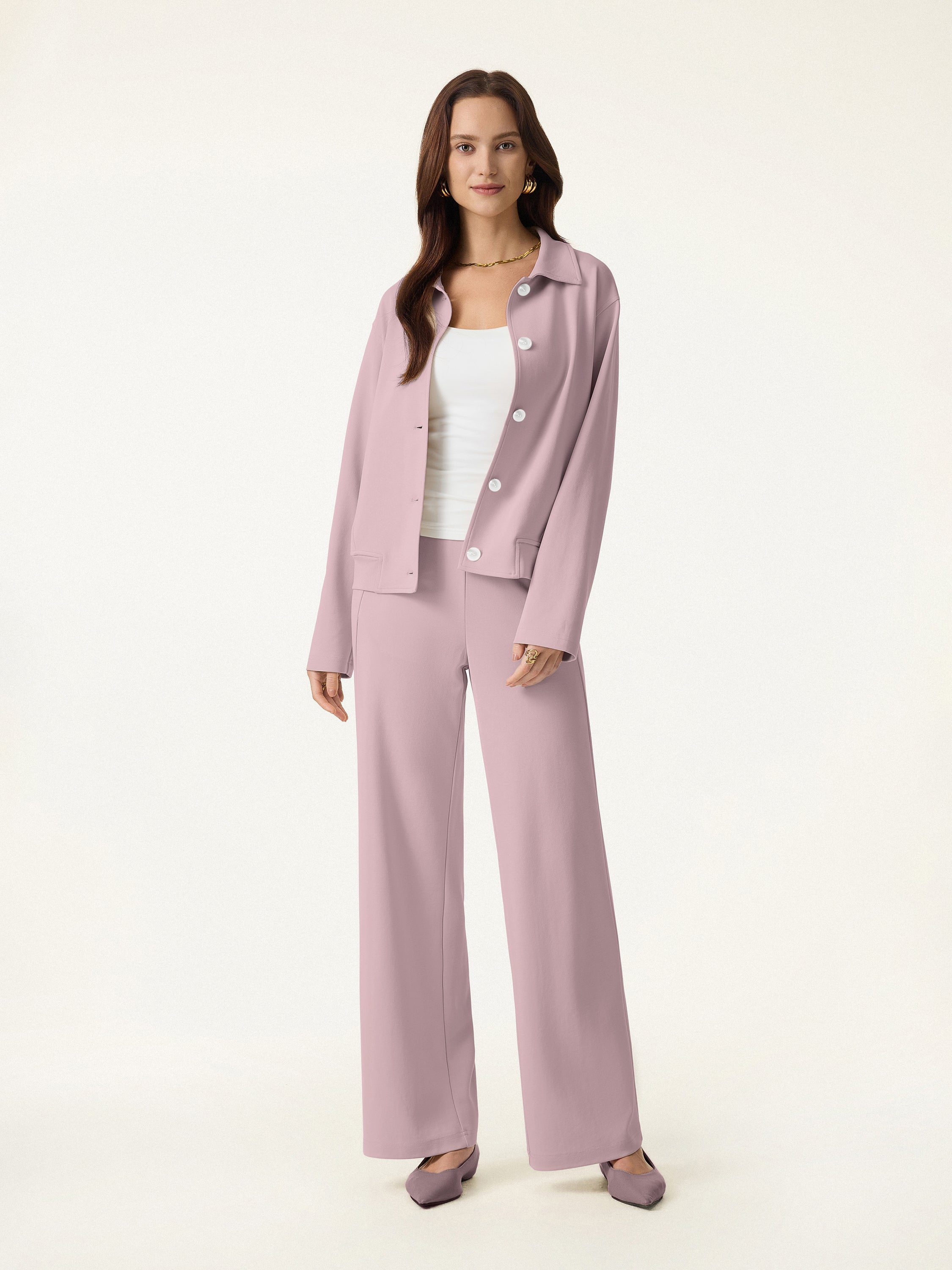 2Pcs Set Collared Button-Front Jacket & Straight Pull-on Pants with Pockets