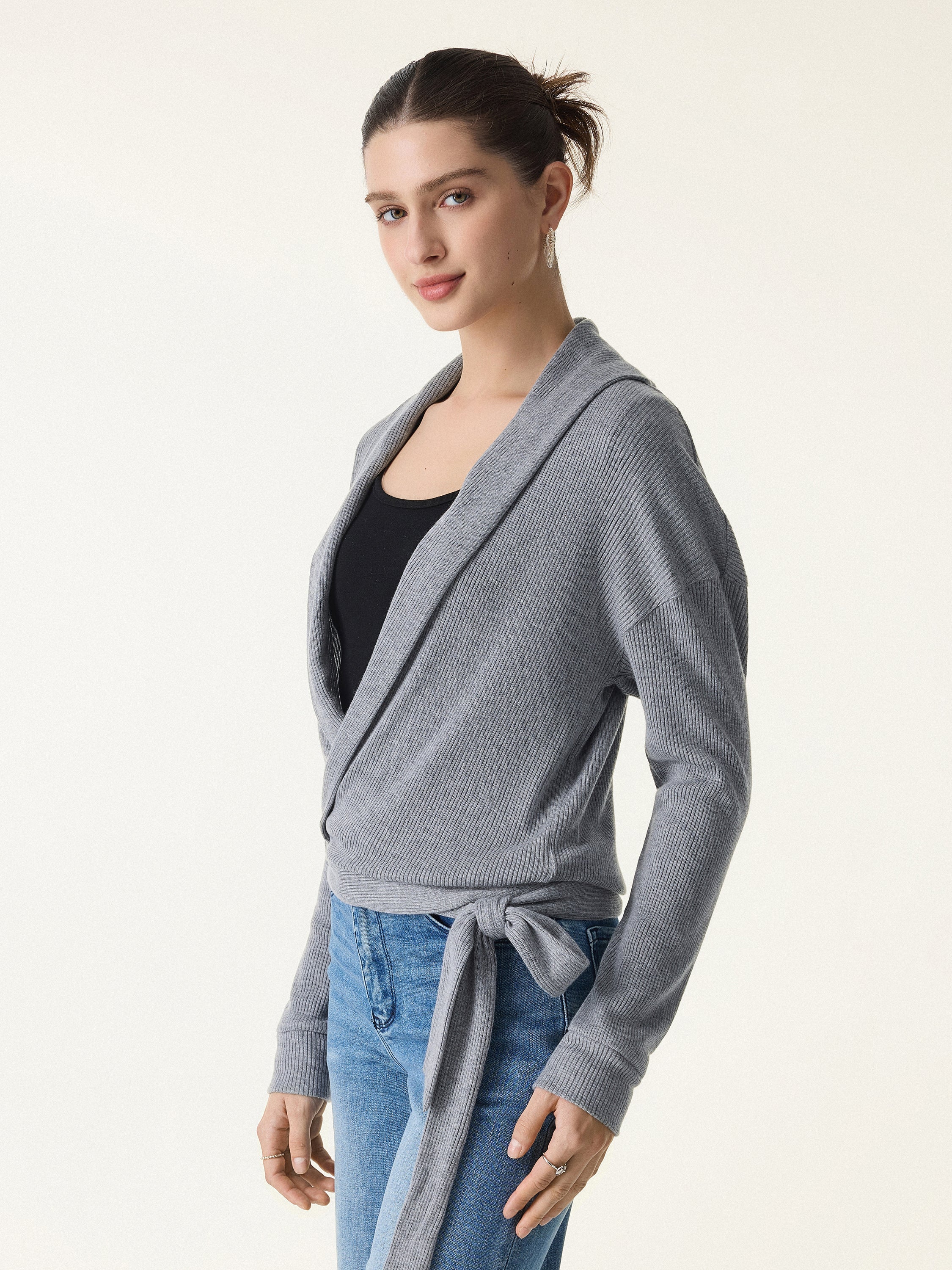 Ribbed Shawl Collar Self-Tie Cardigan