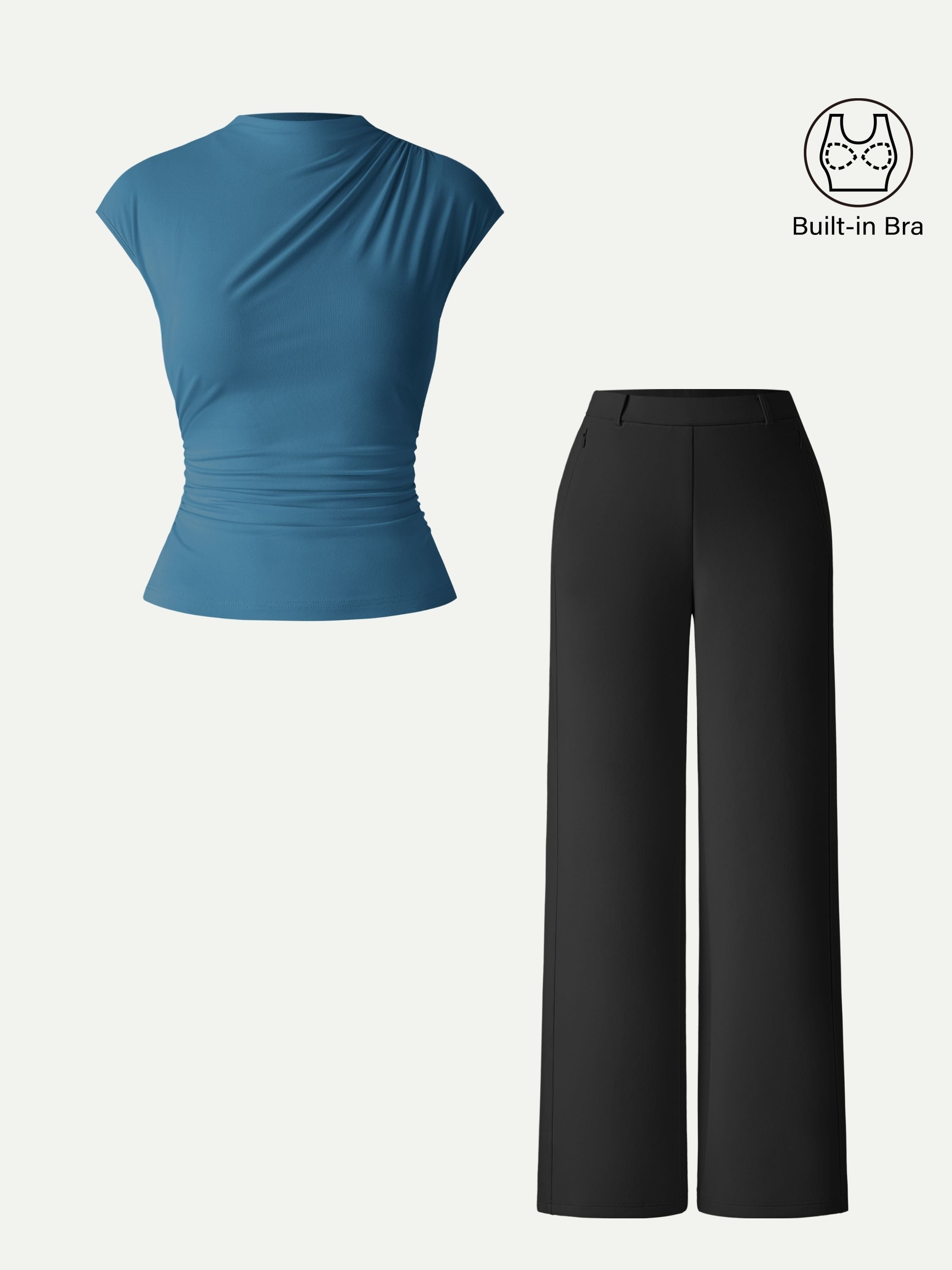 2Pcs Set Mockneck Cropped Brami & Slimming High Rise Wide Leg Pants