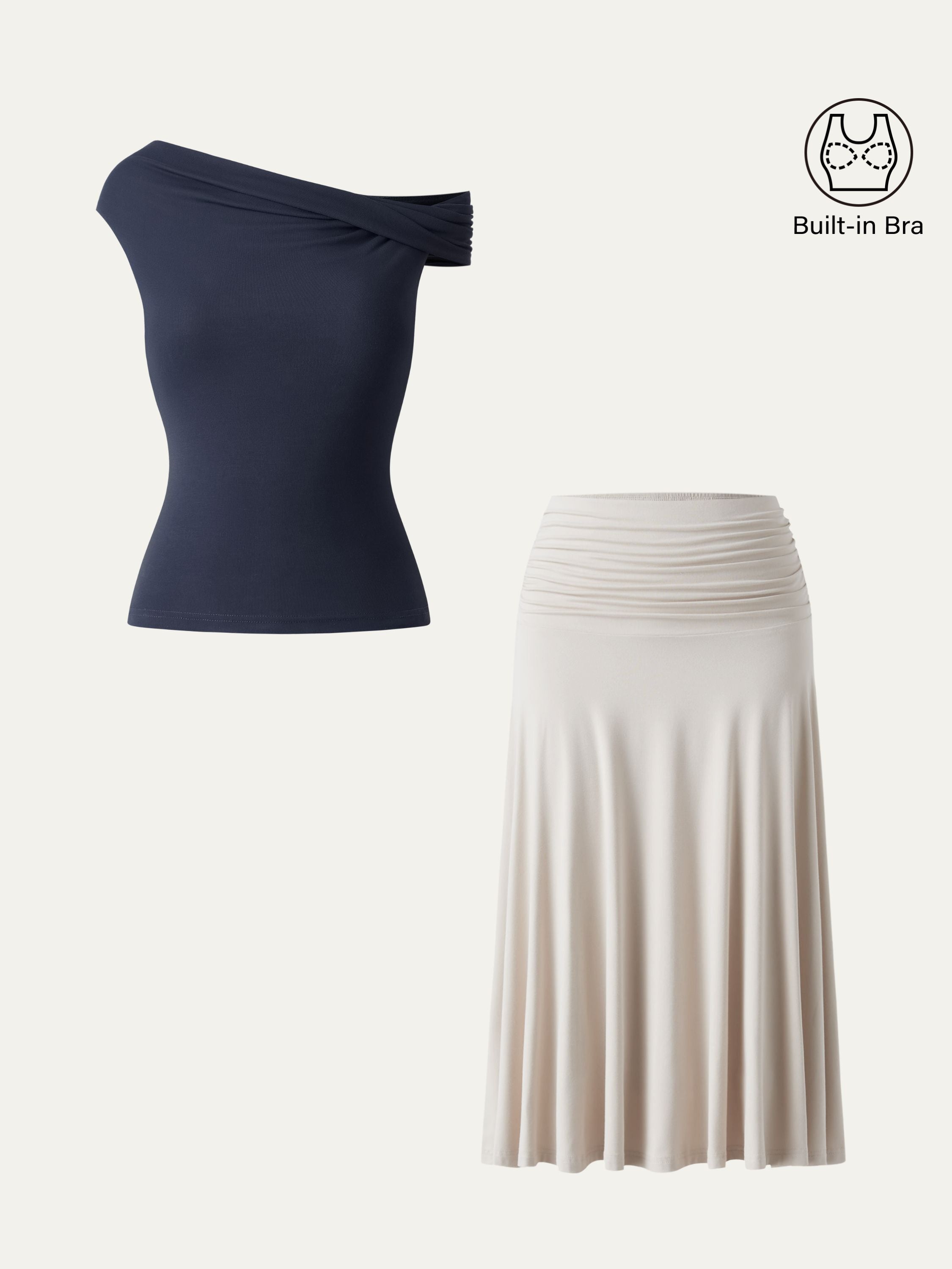 2Pcs Set Multi-wear Versatile Necklines Brami Top & Flowy Side Ruched A-line Midi Skirt
