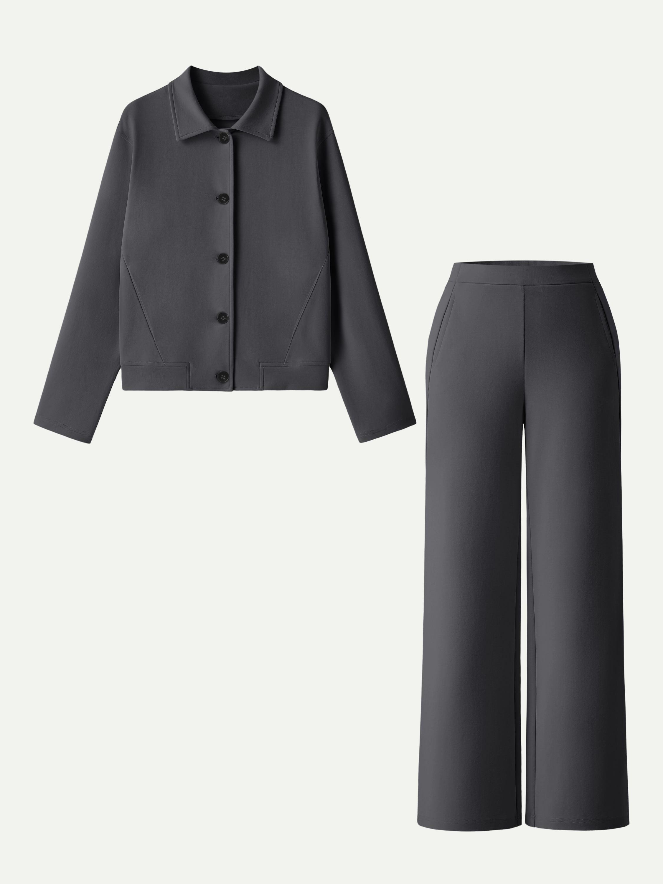 2Pcs Set Collared Button-Front Jacket & Straight Pull-on Pants with Pockets