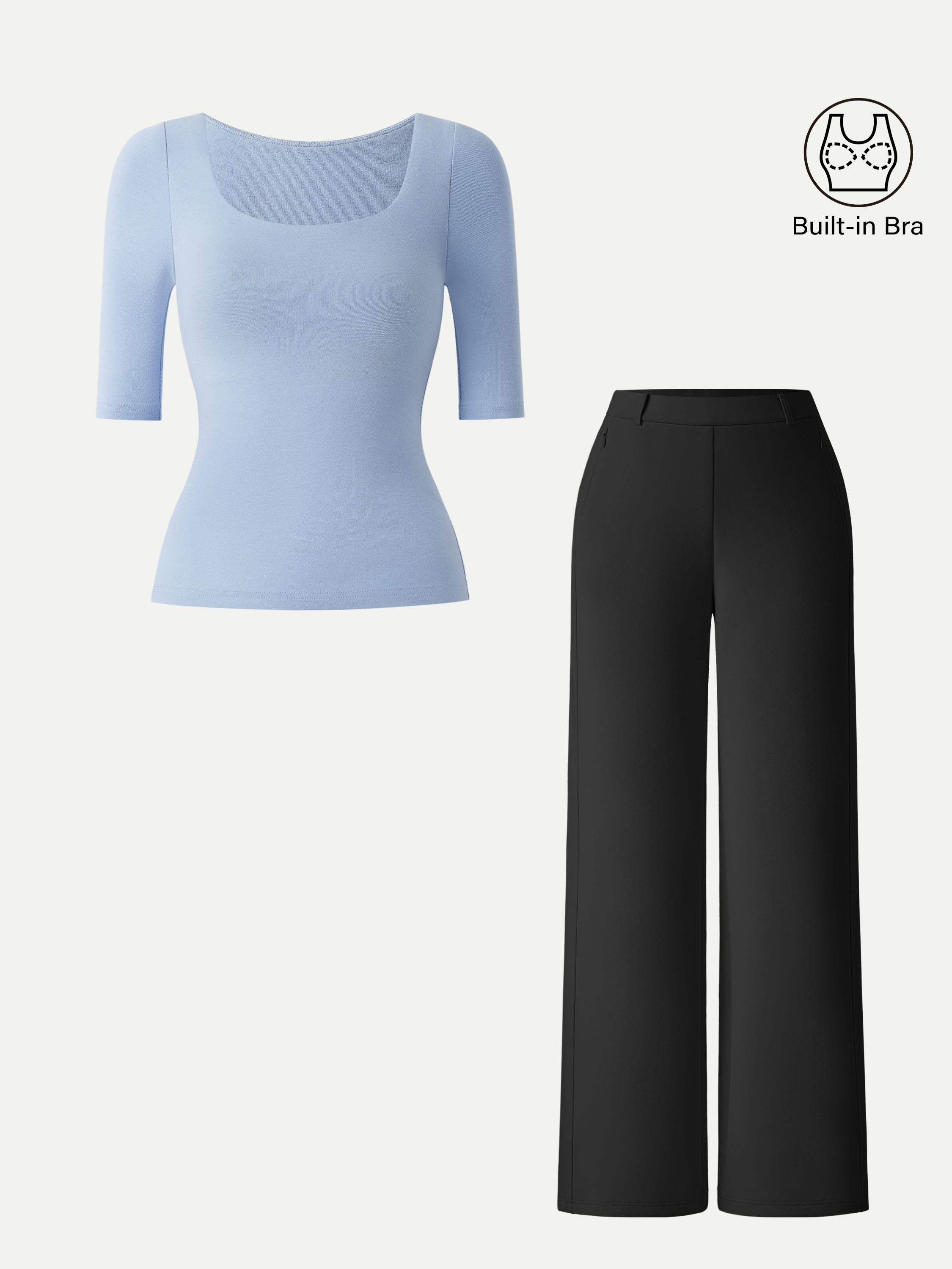 2Pcs Set Square Neck Elbow Length Sleeve Brami & High Rise Wide Leg Pants
