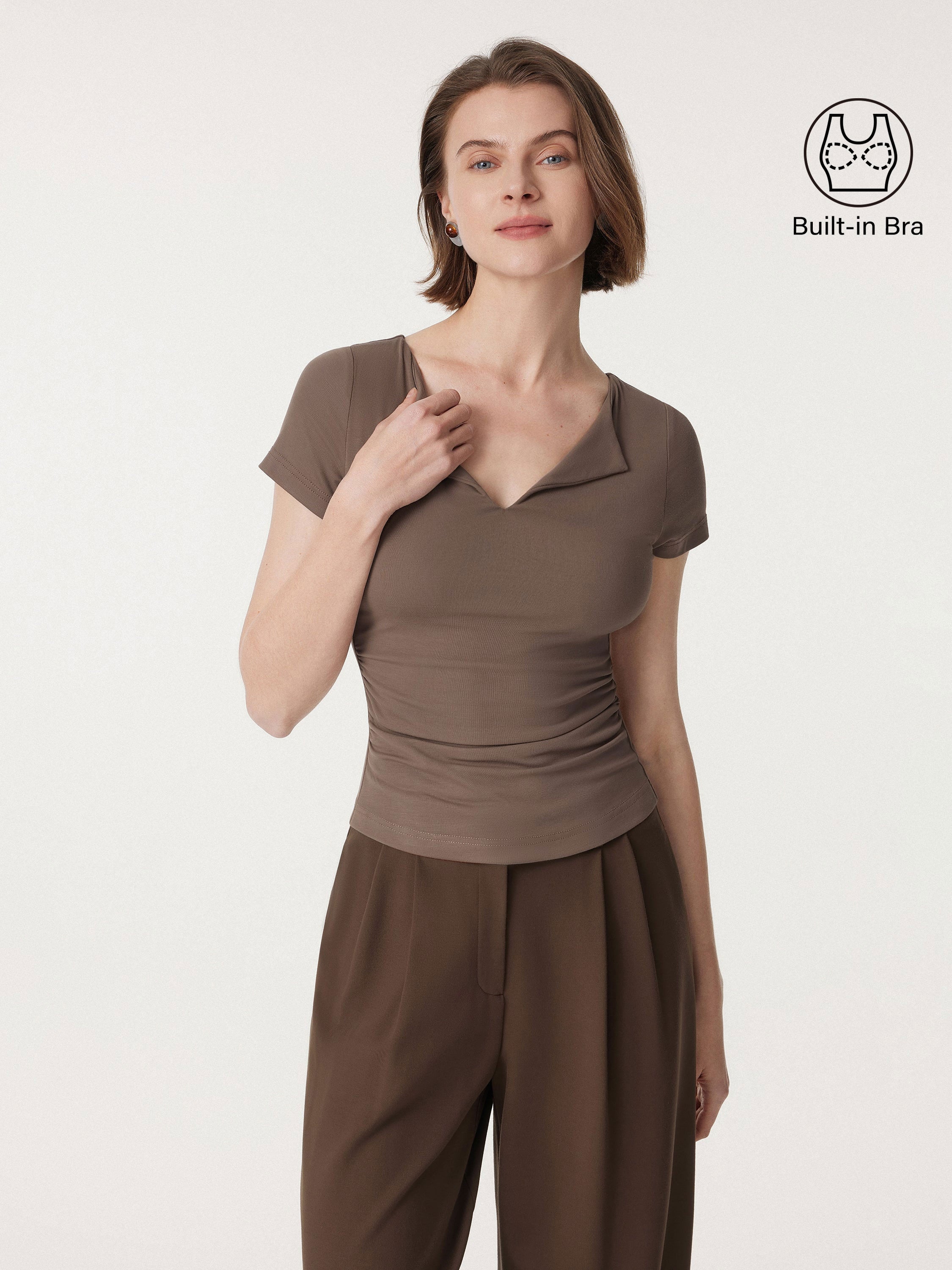 Flapped V-neck Side Ruched New Airy Brami Tee