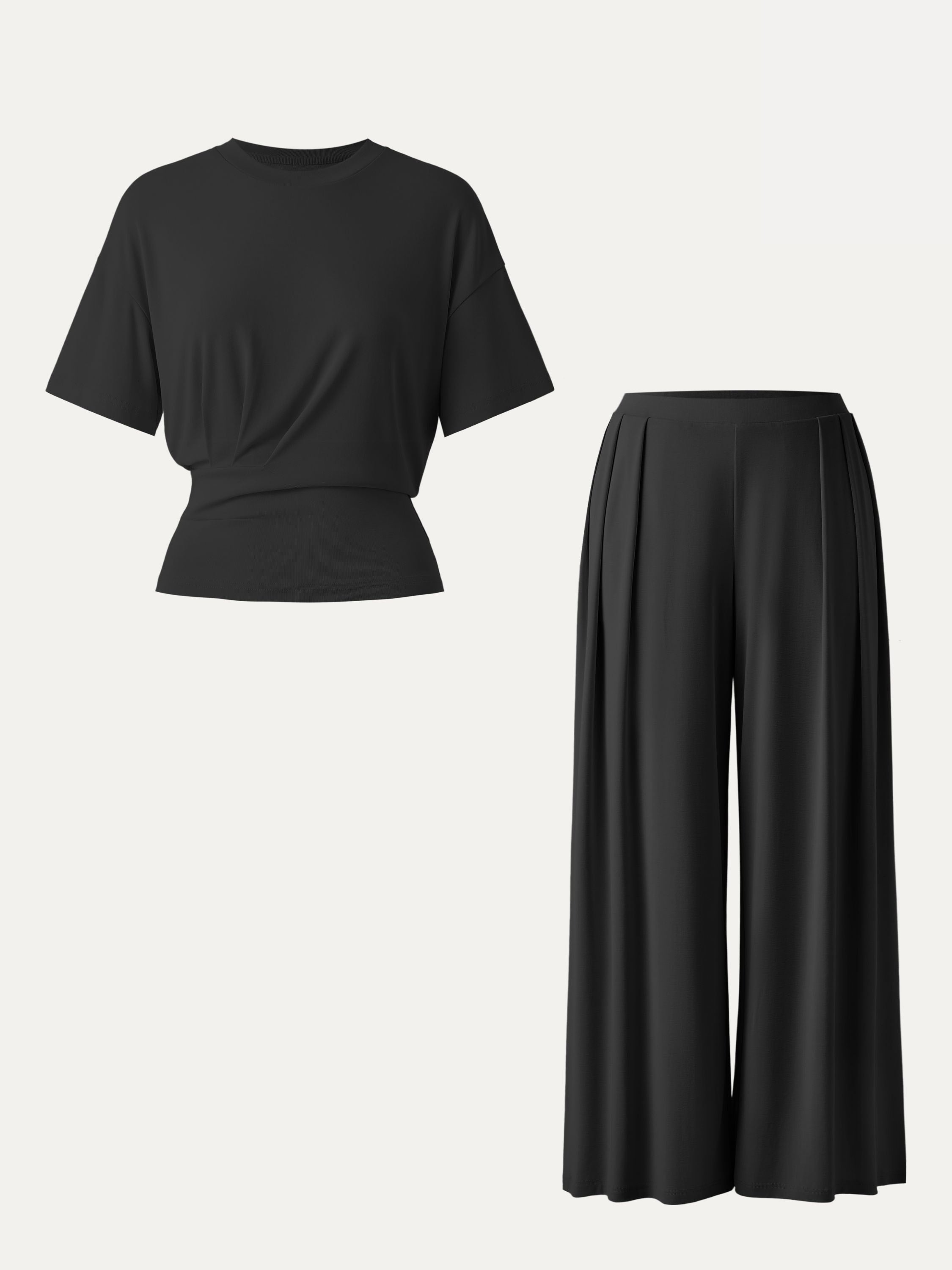 2Pcs Set Crewneck Short Sleeve Tee & Mid Rise Pleated Wide Leg Pants with Pockets