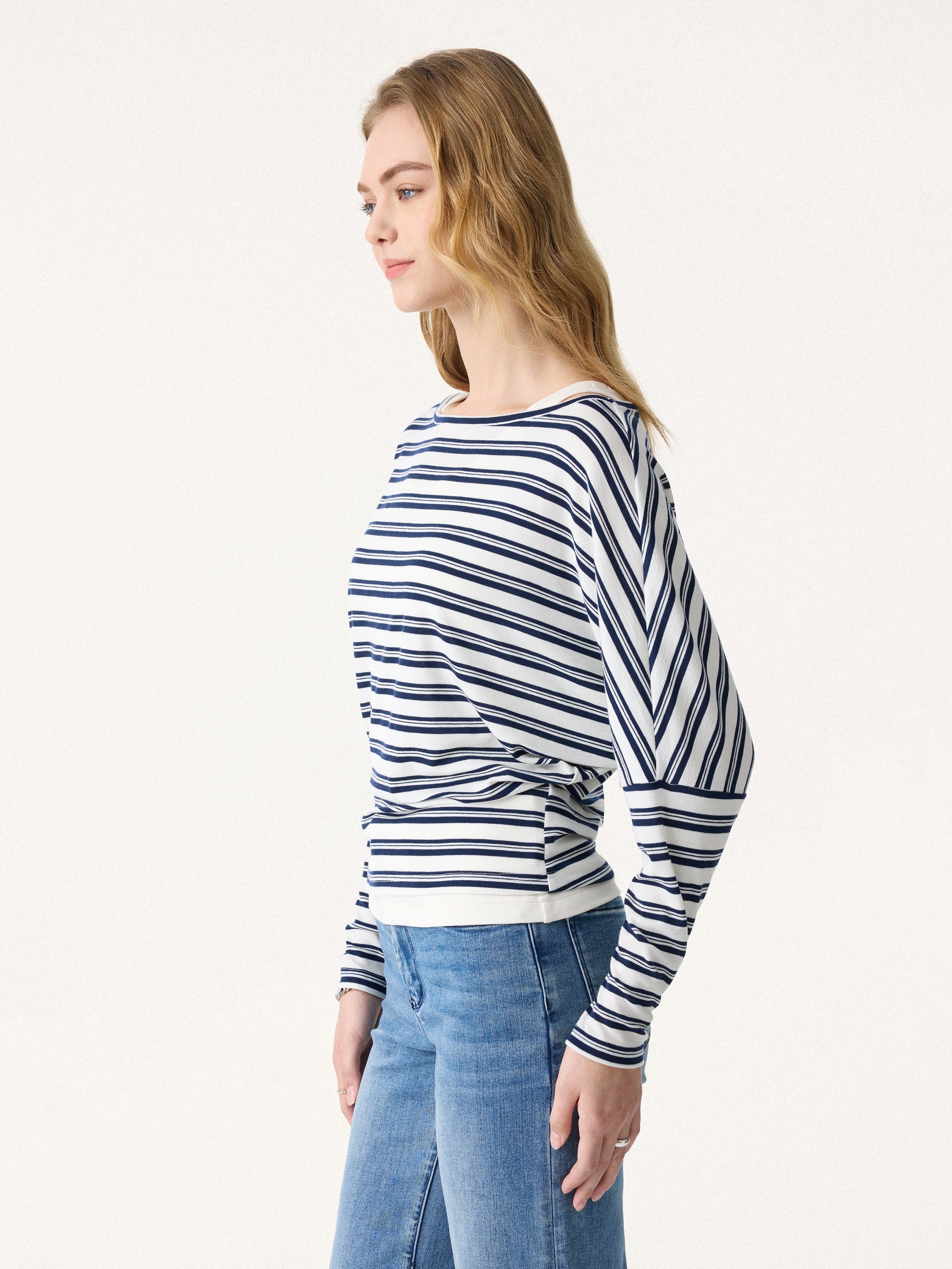 Lyocell Wool Striped Boatneck Batwing Sleeves Top