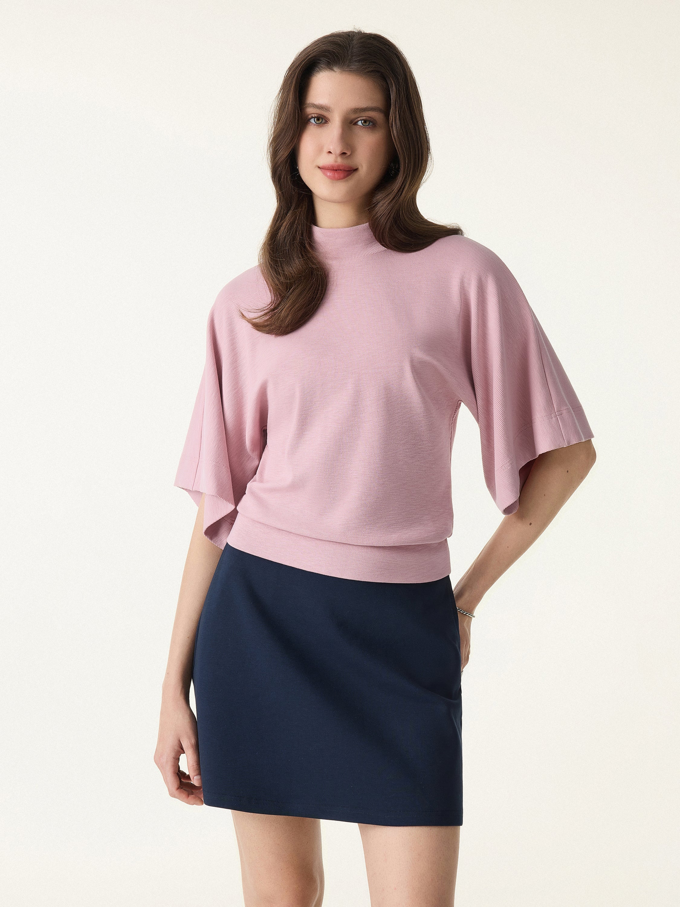 Plantive Mockneck Batwing Short Sleeve Top